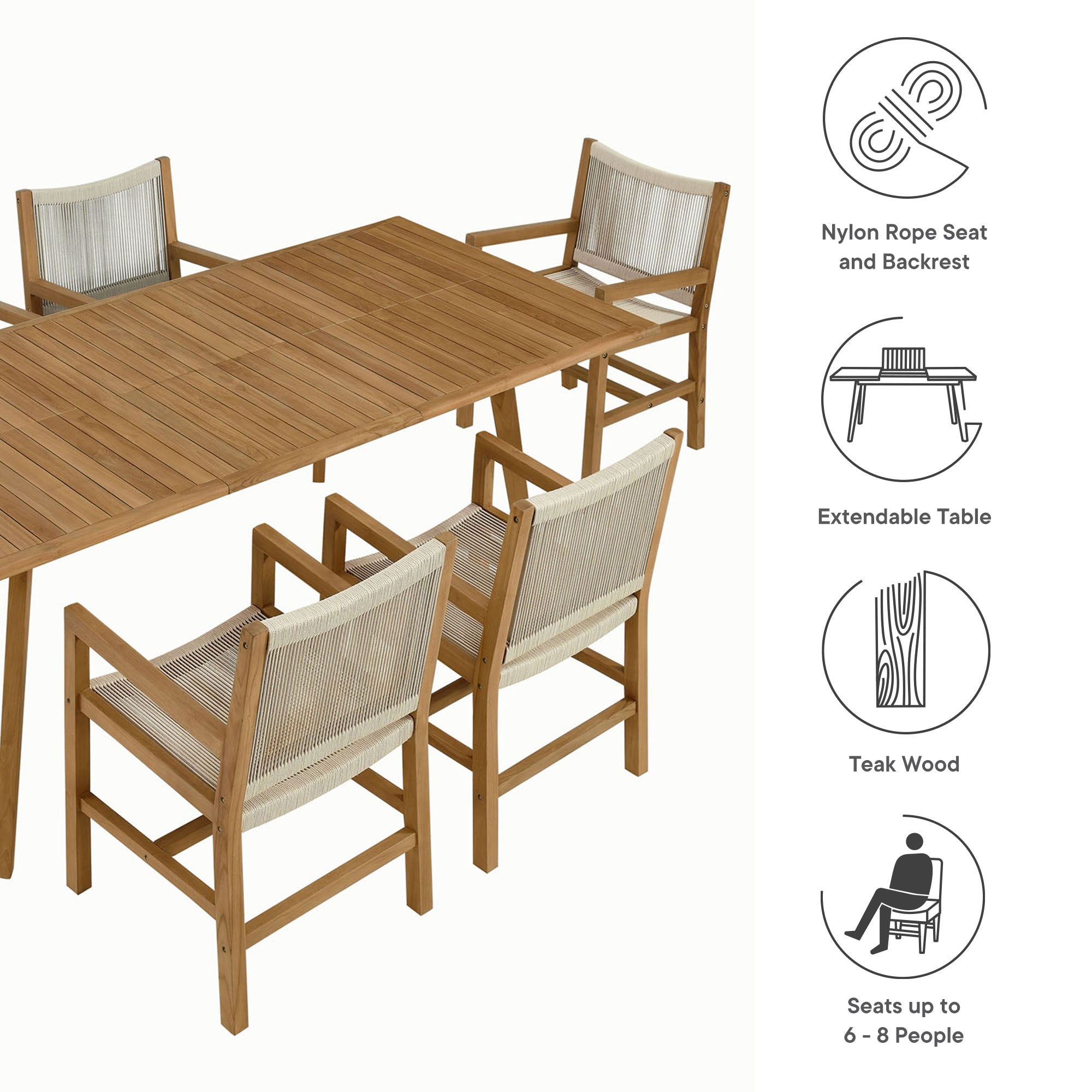 Vienna 7-Piece Outdoor Patio Teak and Rope Dining Set with Armchairs, Natural Natural