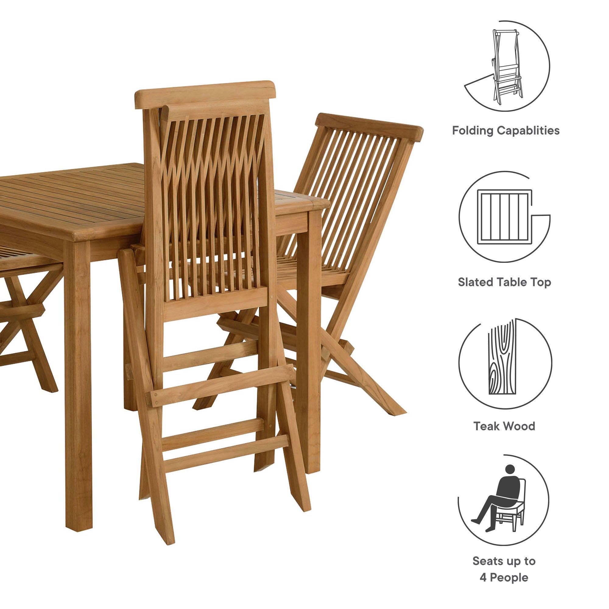 Vienna 5-Piece Outdoor Patio Teak Wood Dining Set with Folding Chairs, Natural Natural