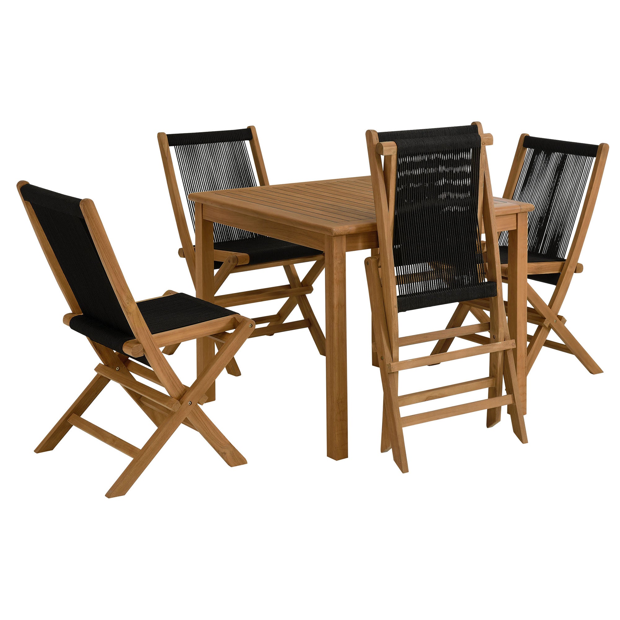 Vienna 5-Piece Outdoor Patio Teak Wood Dining Set with Rope Folding Chairs, Natural Black