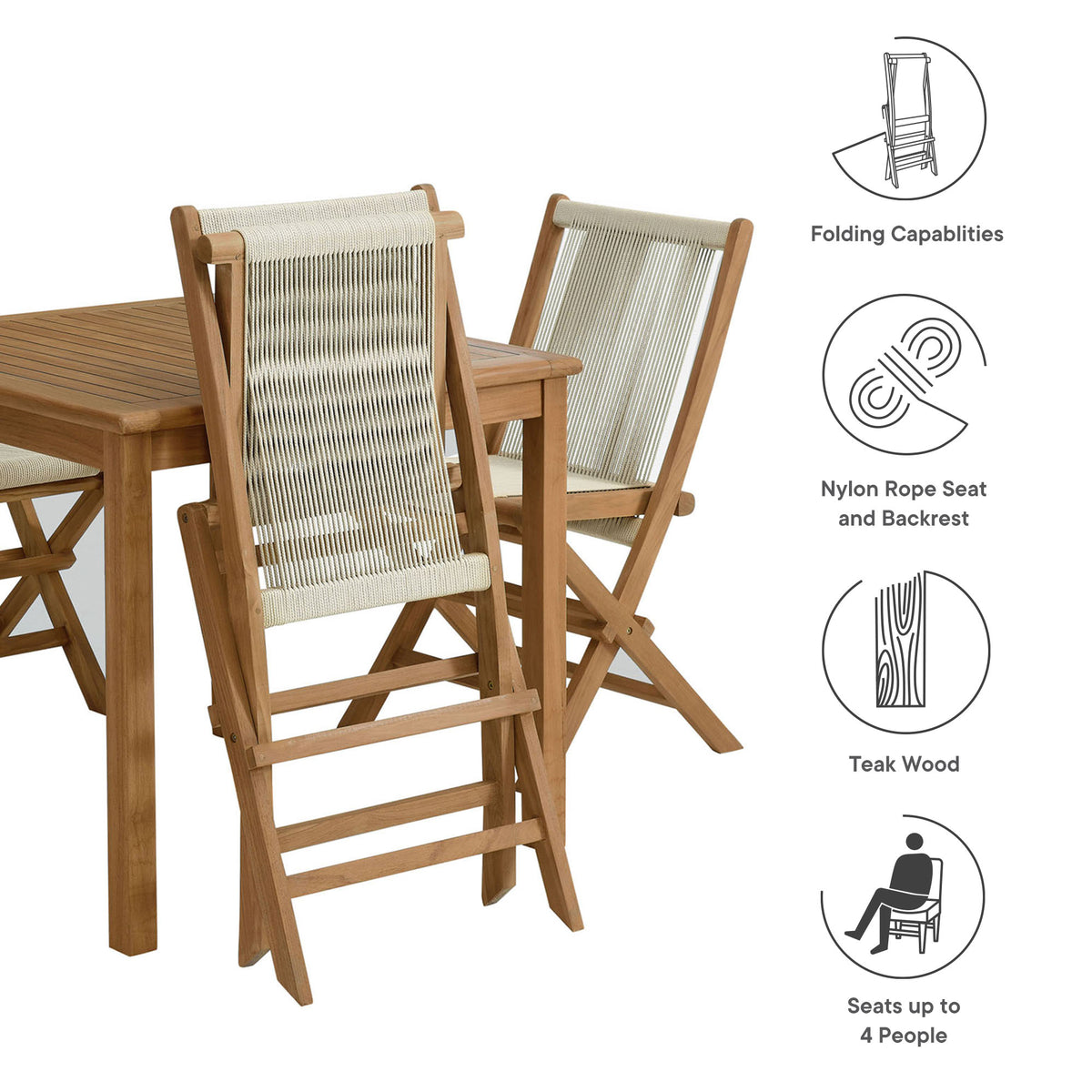 Vienna 5-Piece Outdoor Patio Teak Wood Dining Set with Rope Folding Chairs, Natural Natural
