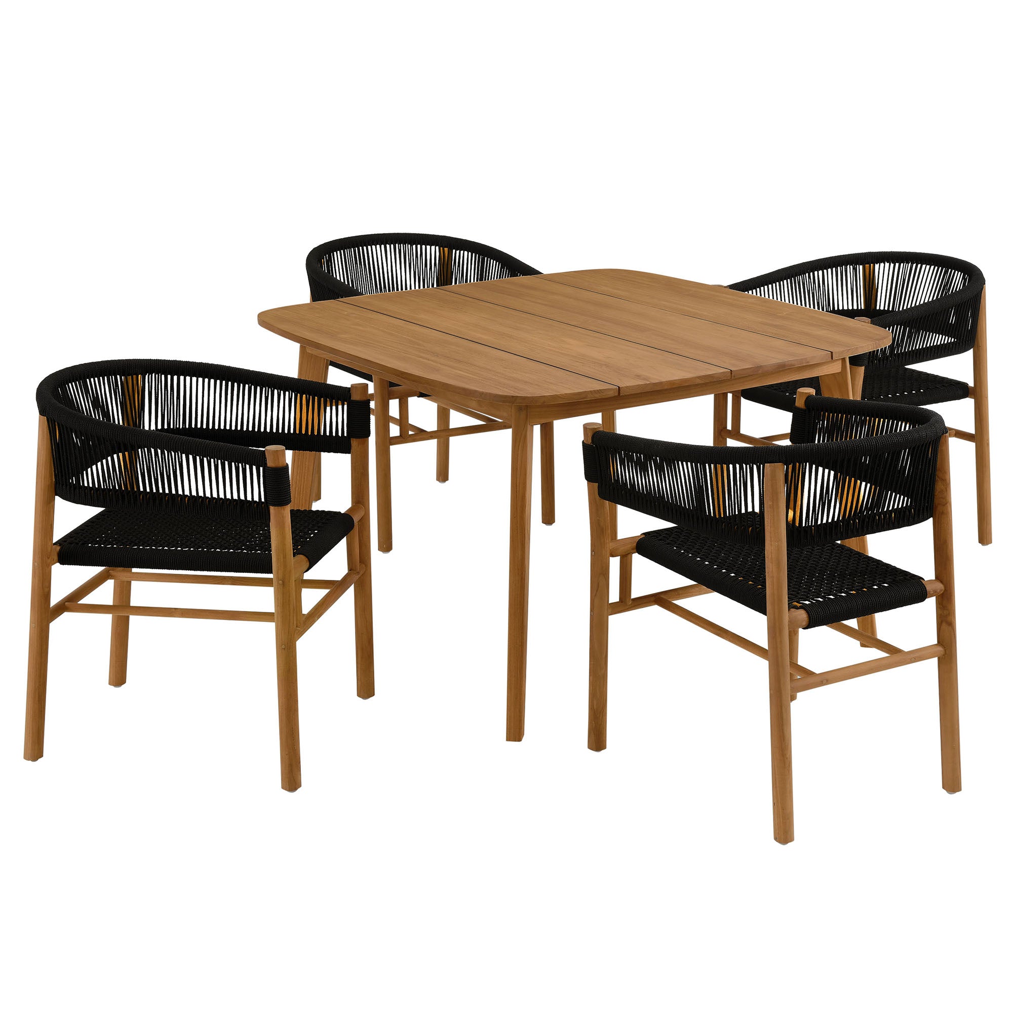 Vienna 5-Piece Outdoor Patio Teak and Rope Dining Set with Curved-Back Armchairs, Natural Black