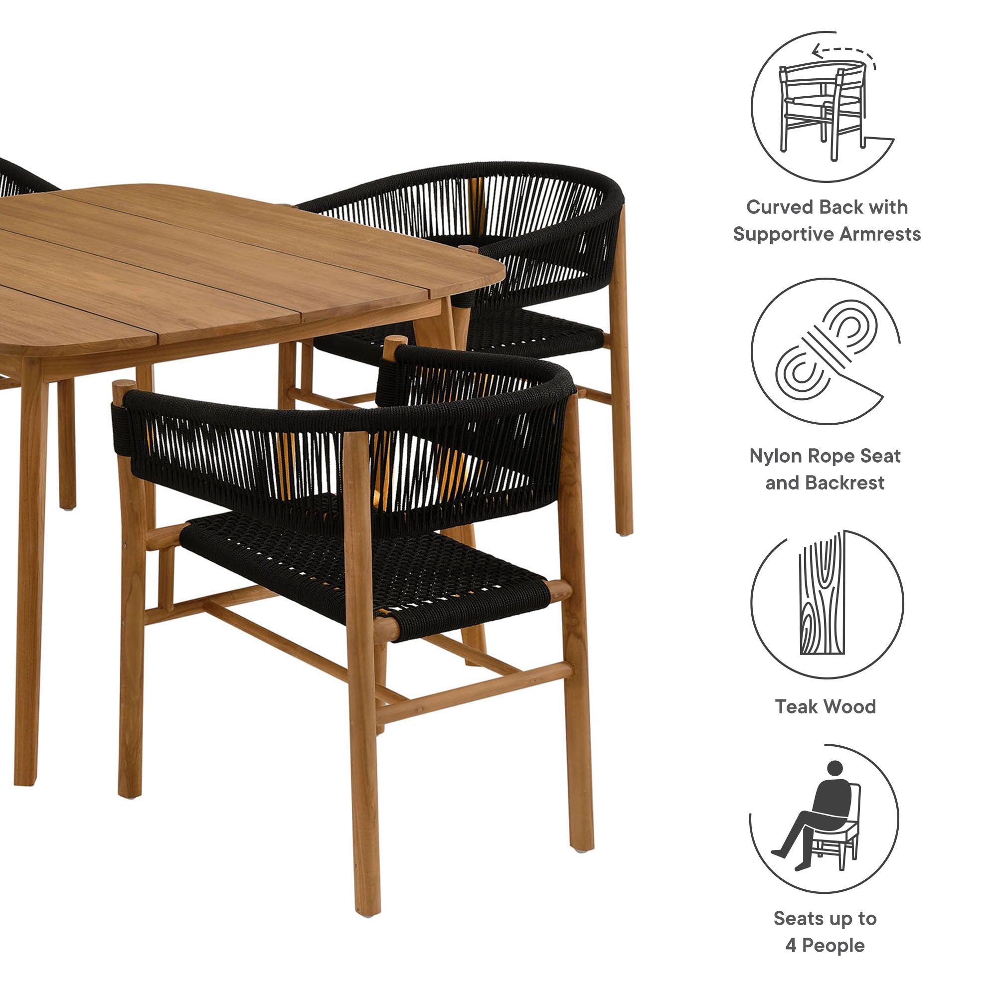 Vienna 5-Piece Outdoor Patio Teak and Rope Dining Set with Curved-Back Armchairs, Natural Black