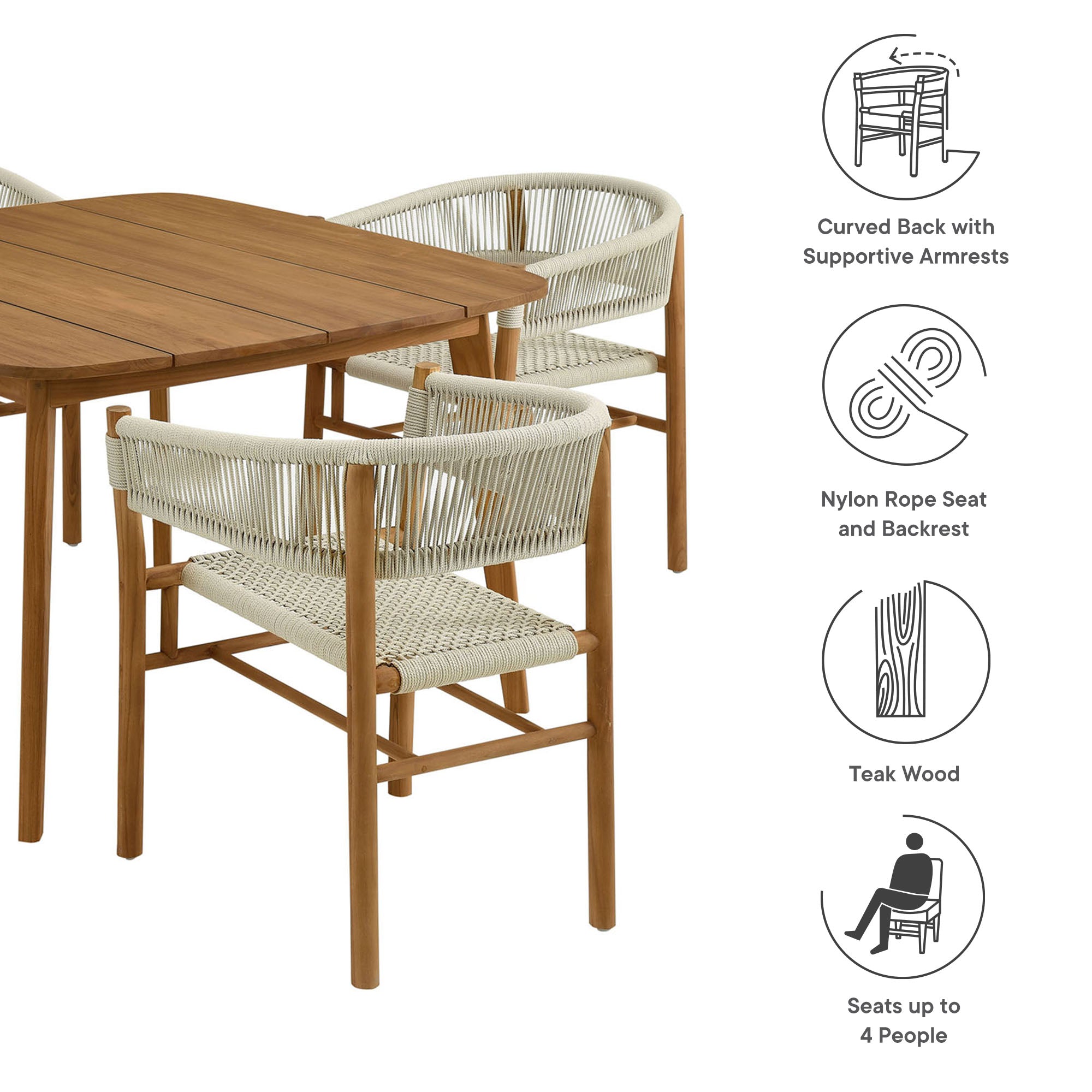 Vienna 5-Piece Outdoor Patio Teak and Rope Dining Set with Curved-Back Armchairs, Natural Natural