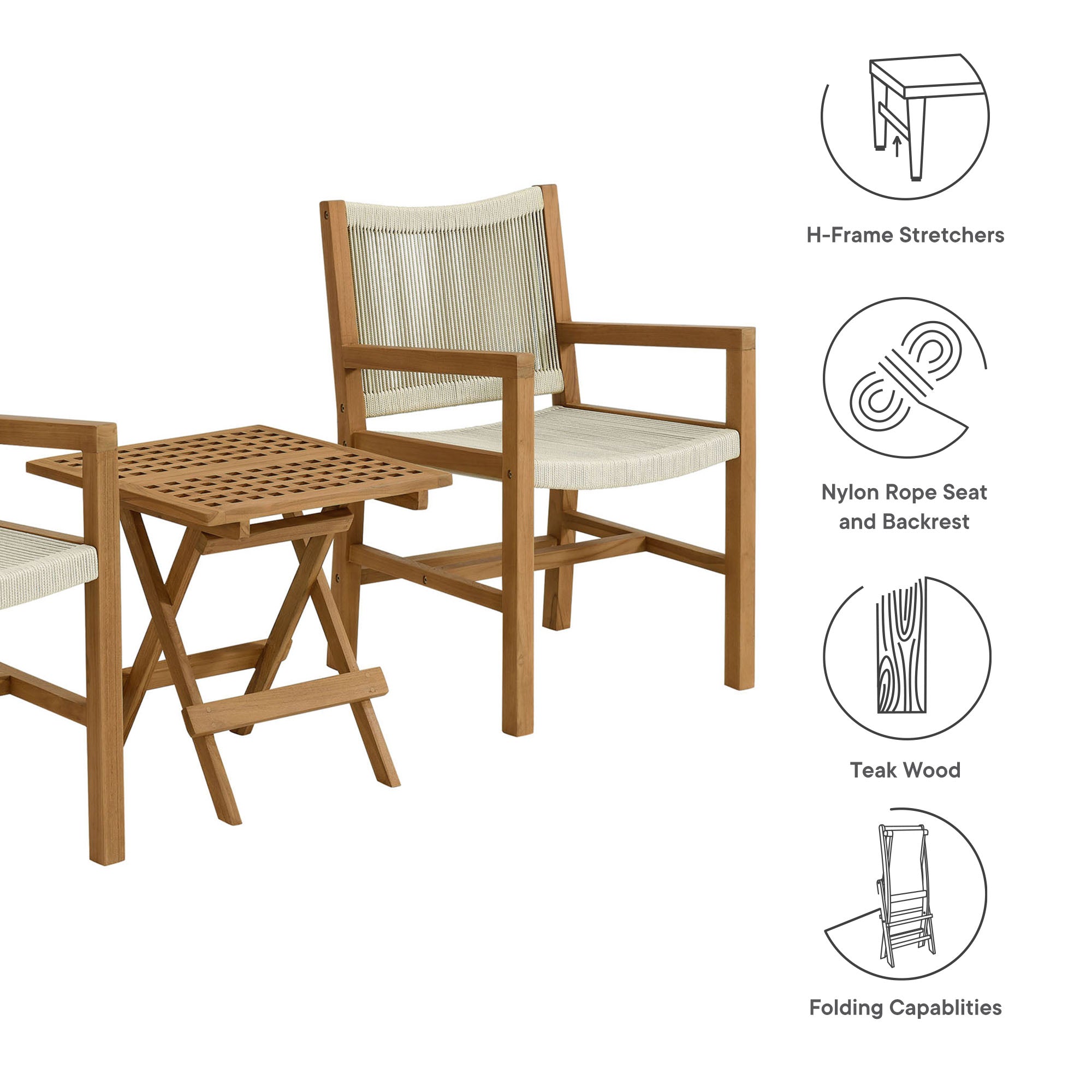 Vienna 3-Piece Outdoor Patio Teak and Rope Armchairs with Folding Side Table, Natural Natural