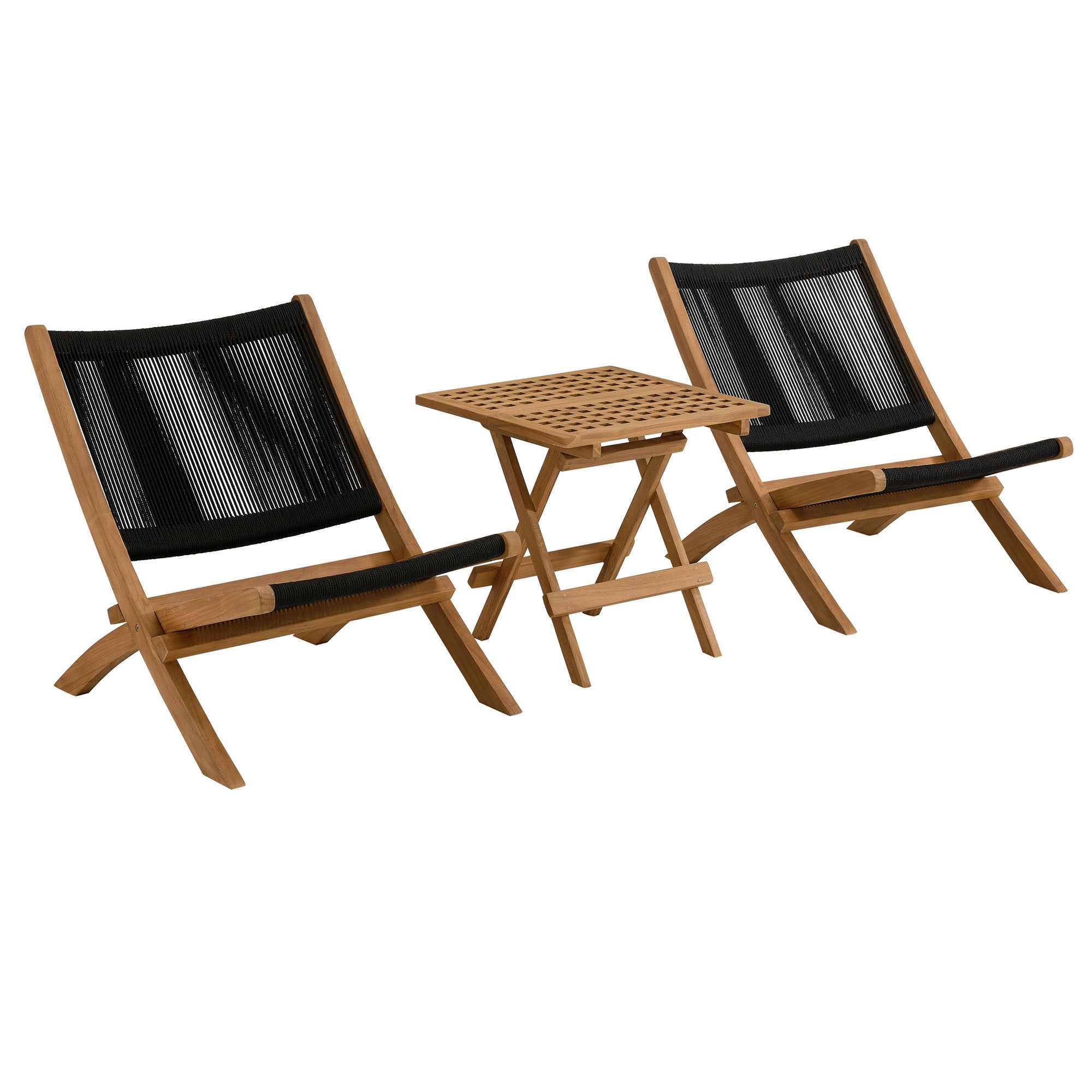 Vienna 3-Piece Outdoor Patio Teak and Rope Folding Lounge Chairs and Side Table, Natural Black