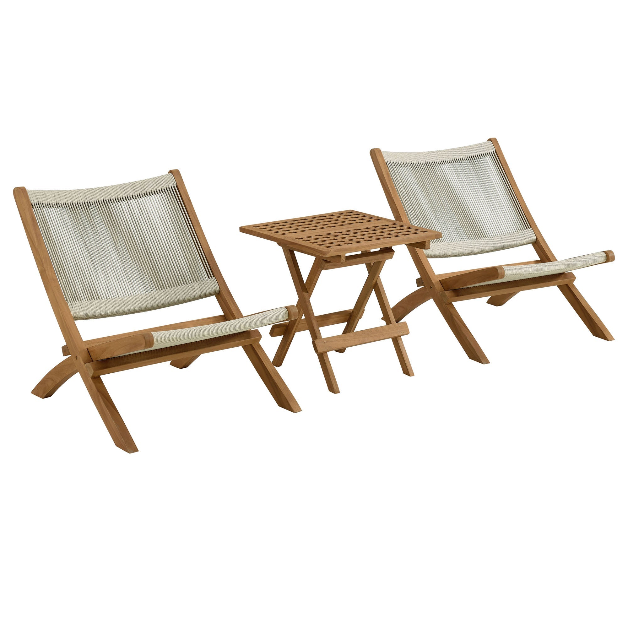 Vienna 3-Piece Outdoor Patio Teak and Rope Folding Lounge Chairs and Side Table, Natural Natural