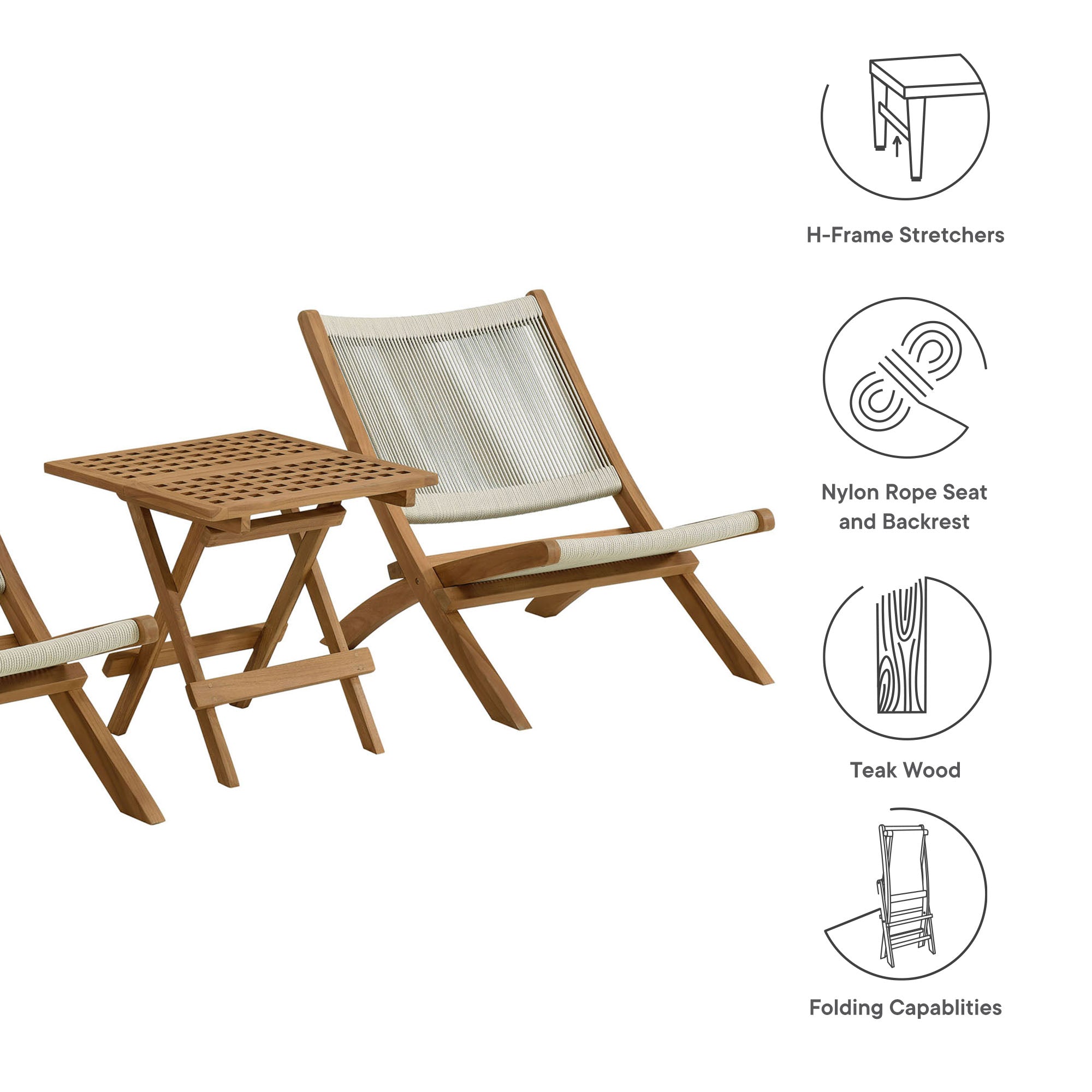 Vienna 3-Piece Outdoor Patio Teak and Rope Folding Lounge Chairs and Side Table, Natural Natural