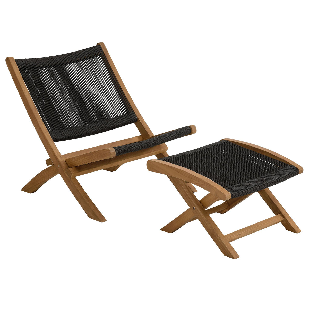 Vienna 2-Piece Outdoor Patio Teak and Rope Folding Accent Lounge Chair and Ottoman Set, Natural Black