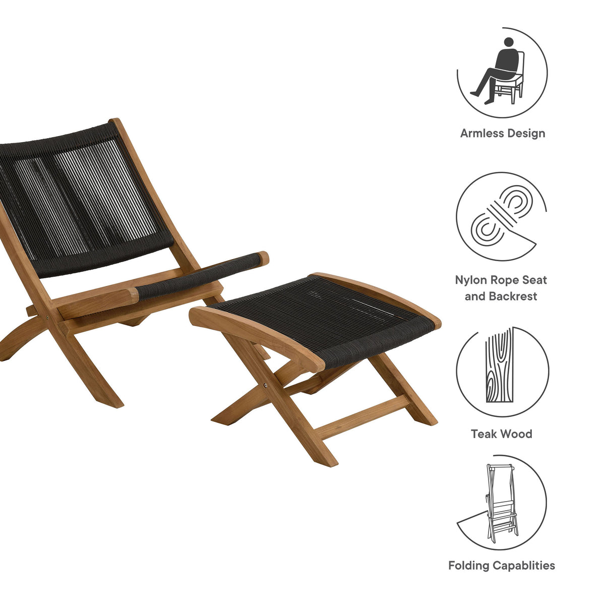 Vienna 2-Piece Outdoor Patio Teak and Rope Folding Accent Lounge Chair and Ottoman Set, Natural Black
