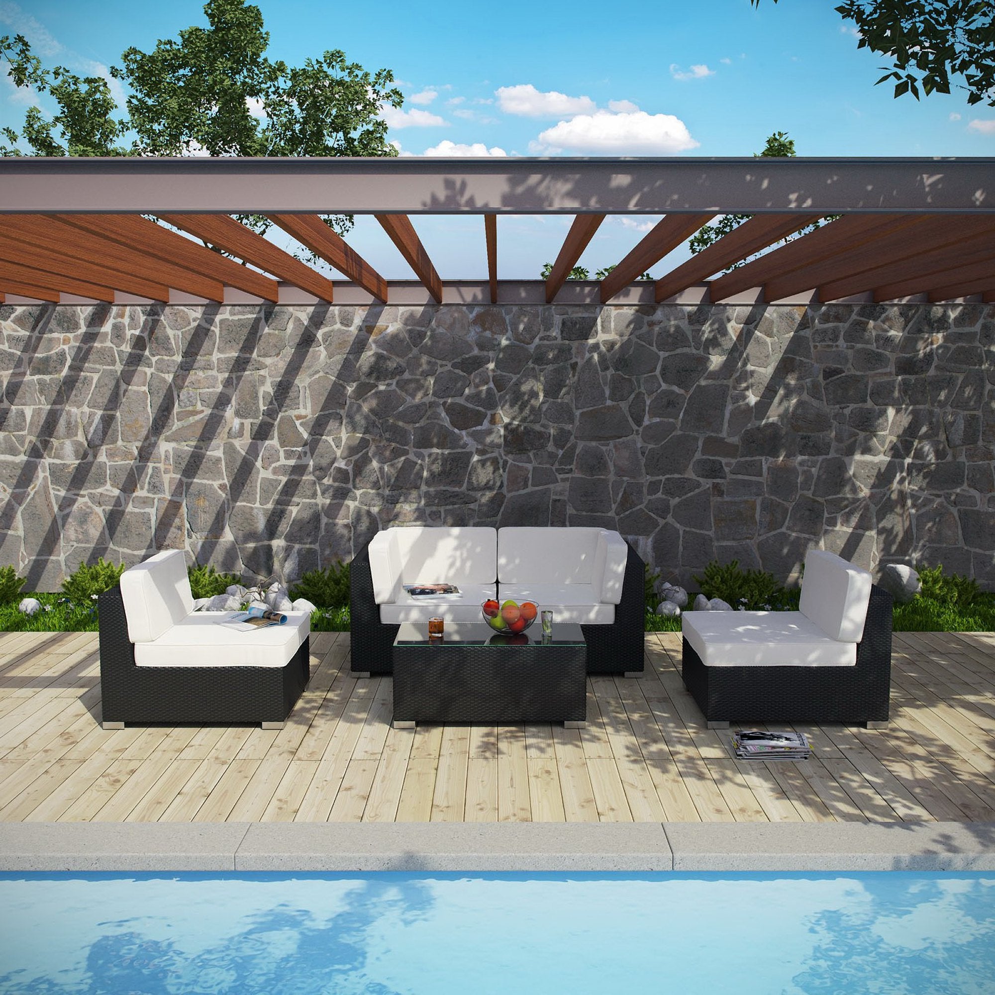 Camfora 5 Piece Outdoor Patio Sectional Set, Espresso White