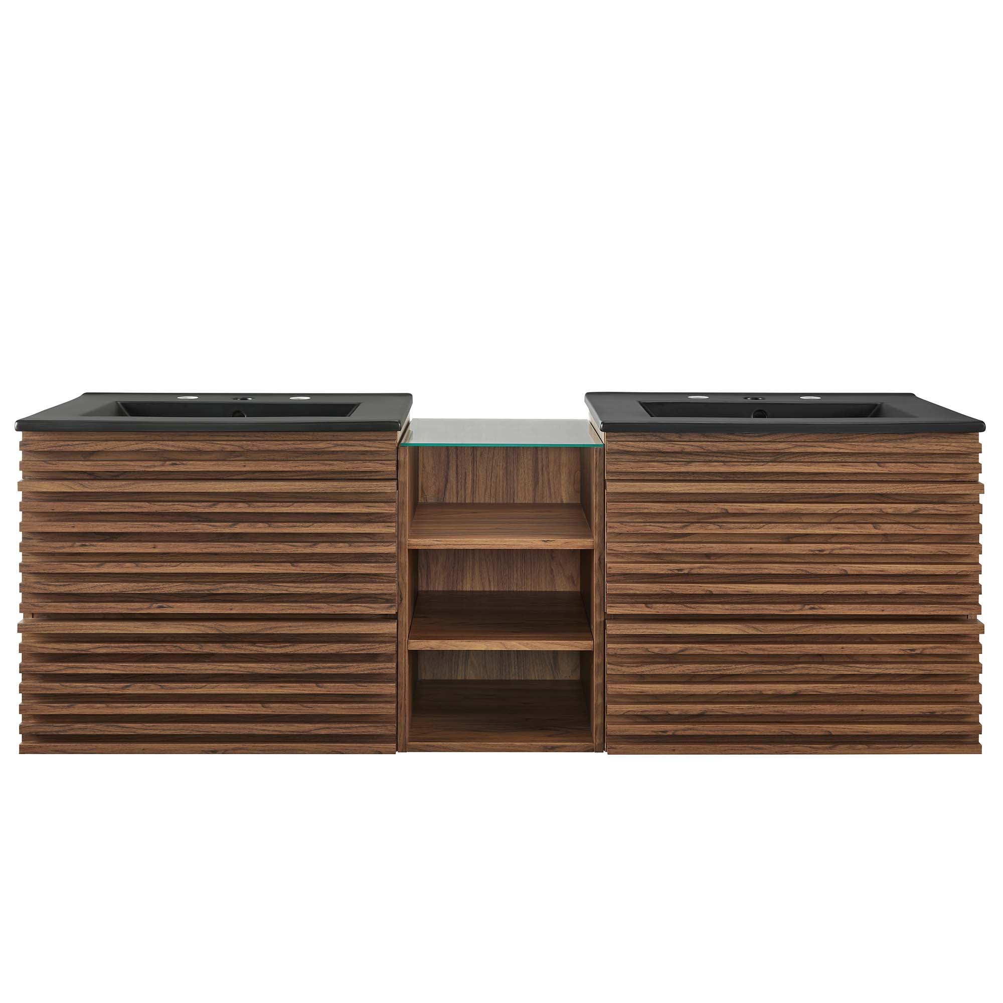 Render 62" Wall-Mount Double Sink Bathroom Vanity, Walnut Black