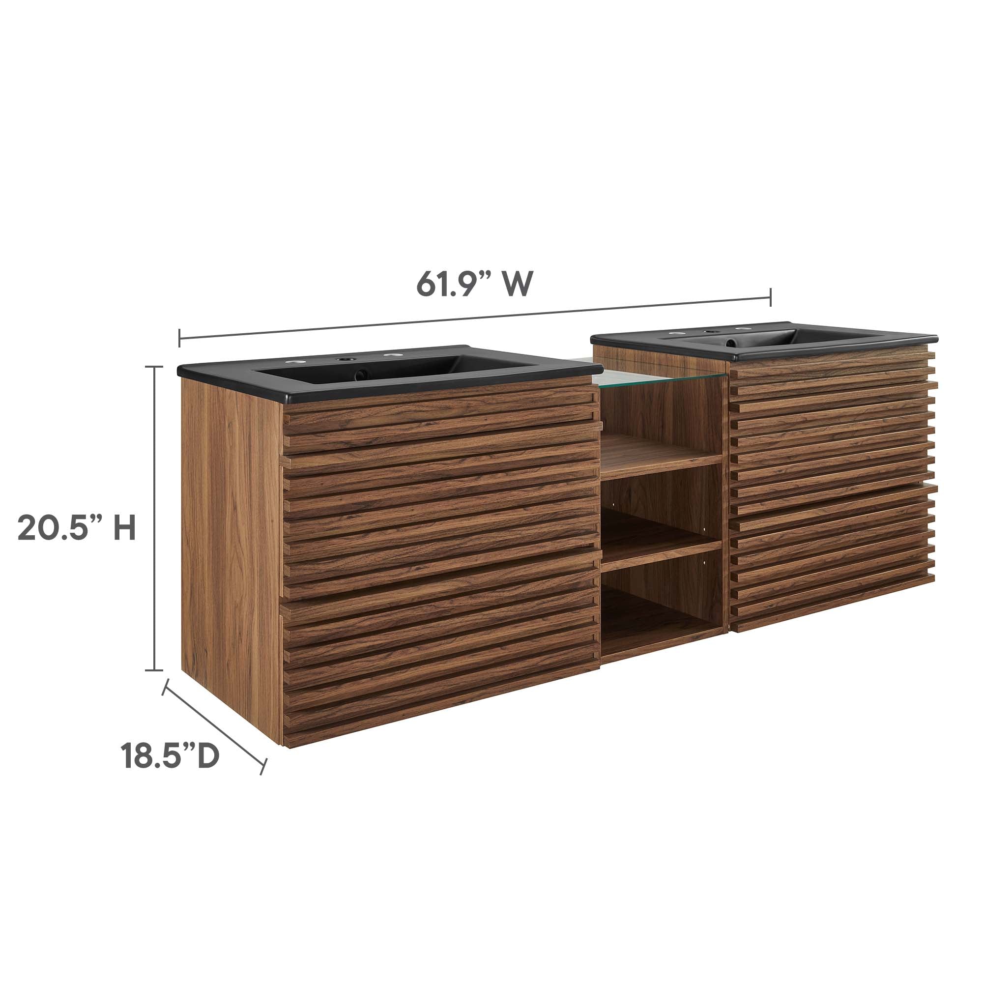 Render 62" Wall-Mount Double Sink Bathroom Vanity, Walnut Black