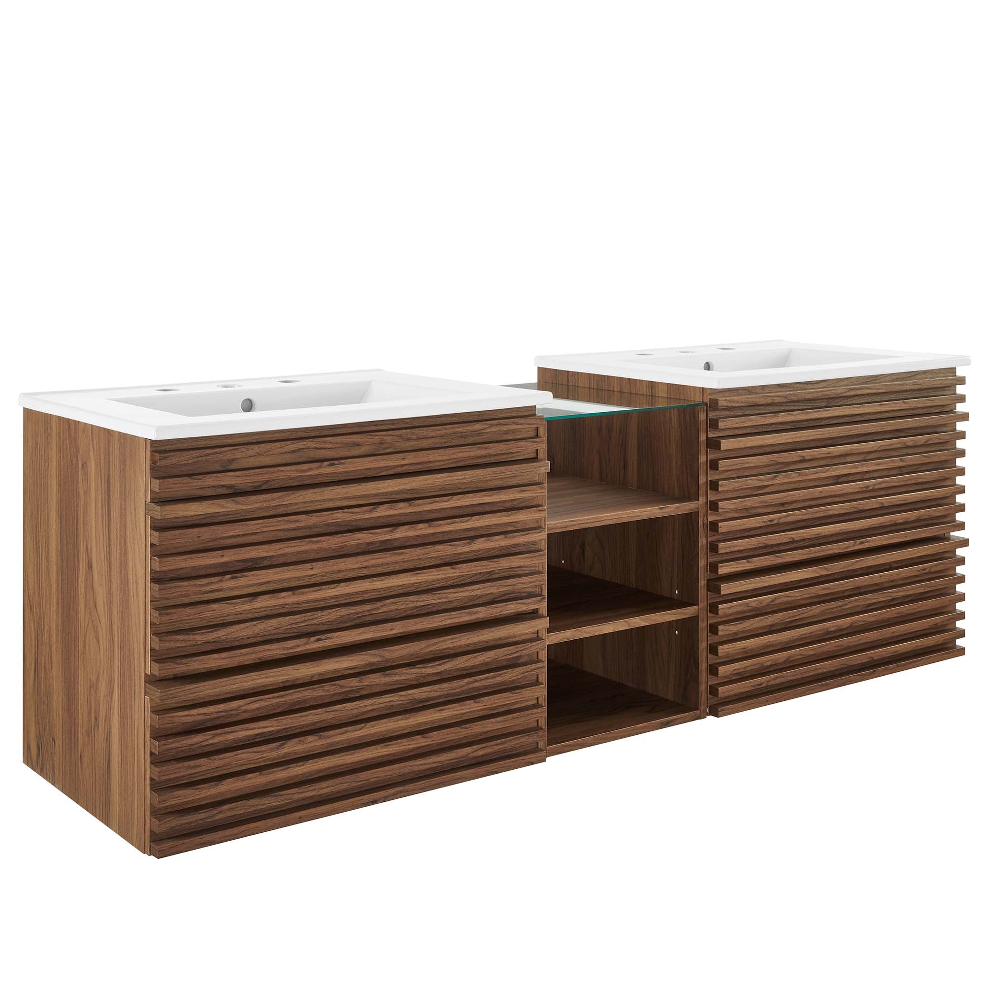 Render 62" Wall-Mount Double Sink Bathroom Vanity, Walnut White