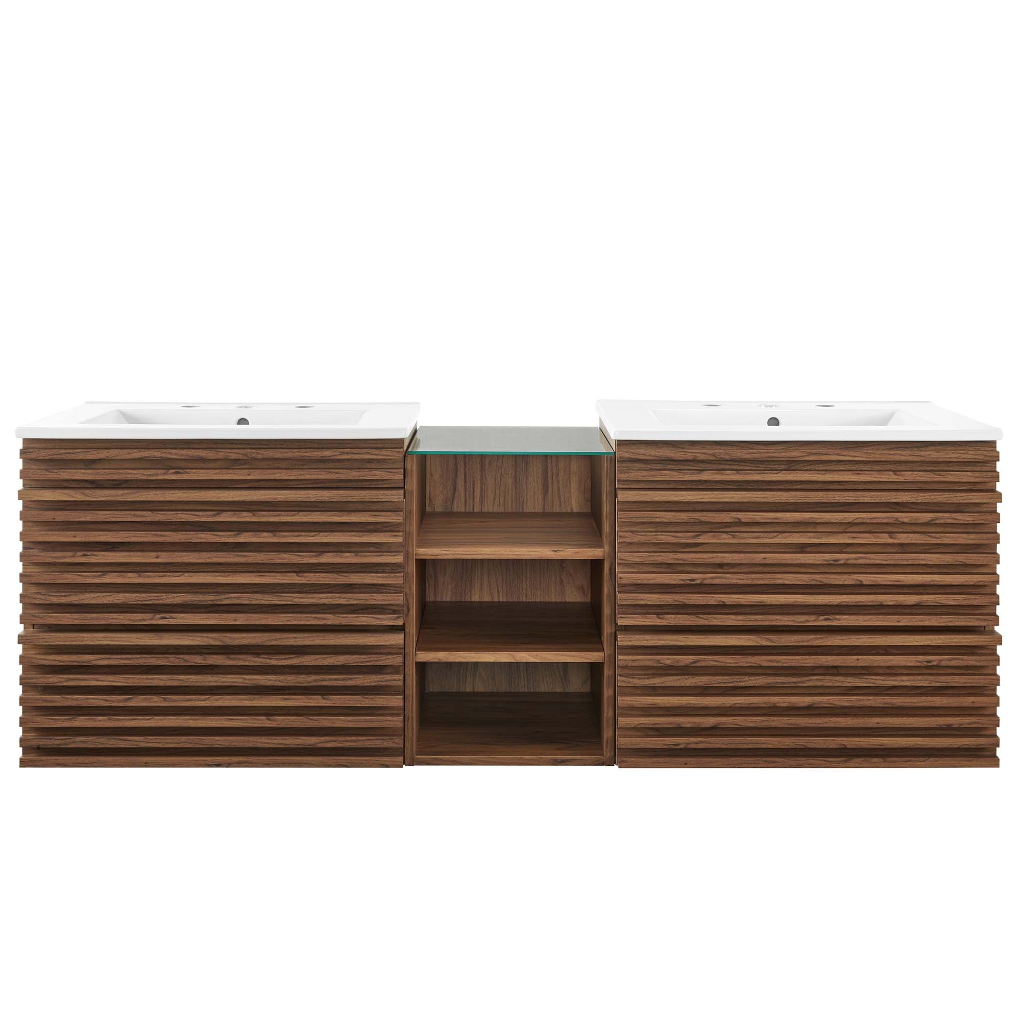 Render 62" Wall-Mount Double Sink Bathroom Vanity, Walnut White