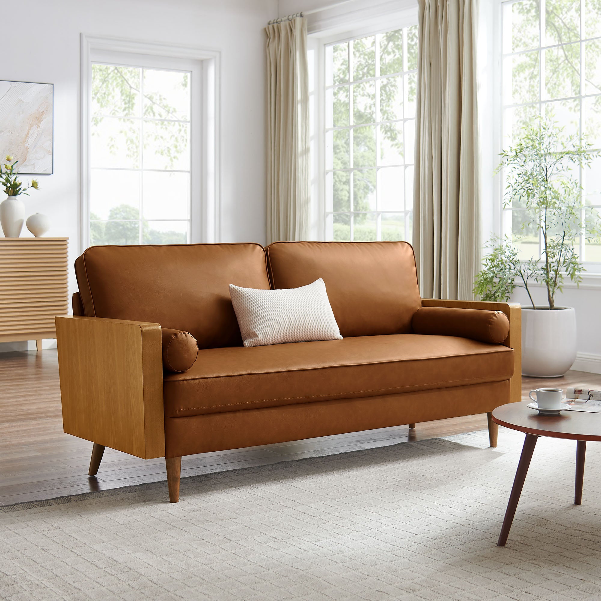 Kellan Vegan Leather Sofa, Walnut Tan