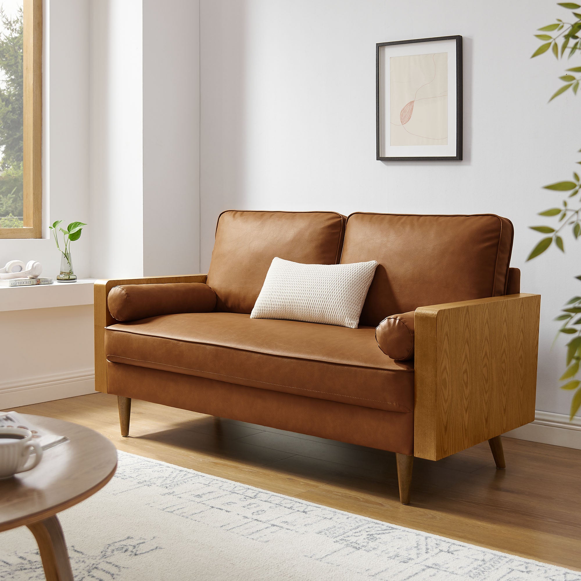 Kellan Vegan Leather Loveseat, Walnut Tan