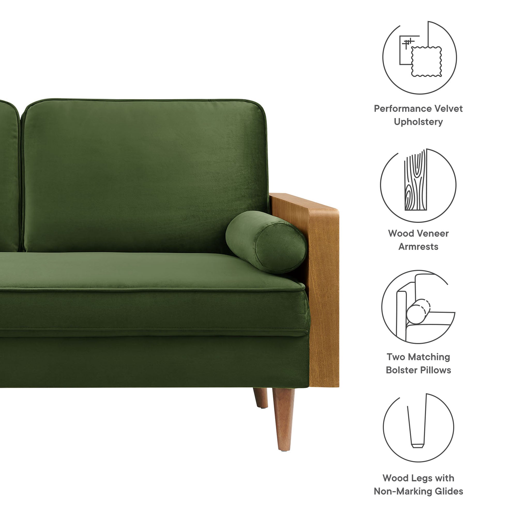 Kellan Performance Velvet Loveseat, Walnut Moss Green