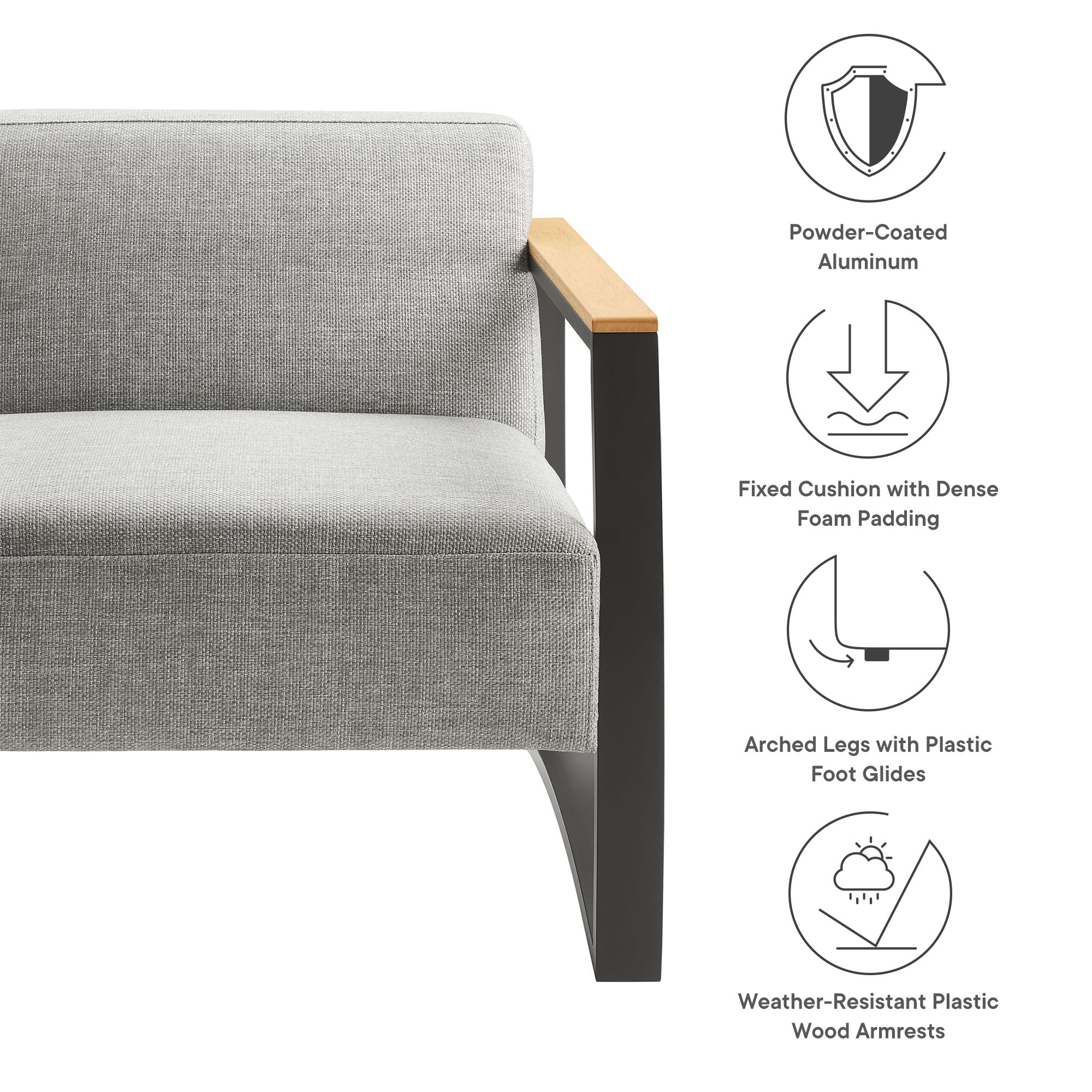 Sauve Outdoor Patio Aluminum and Fabric Armchair, Charcoal Light Gray