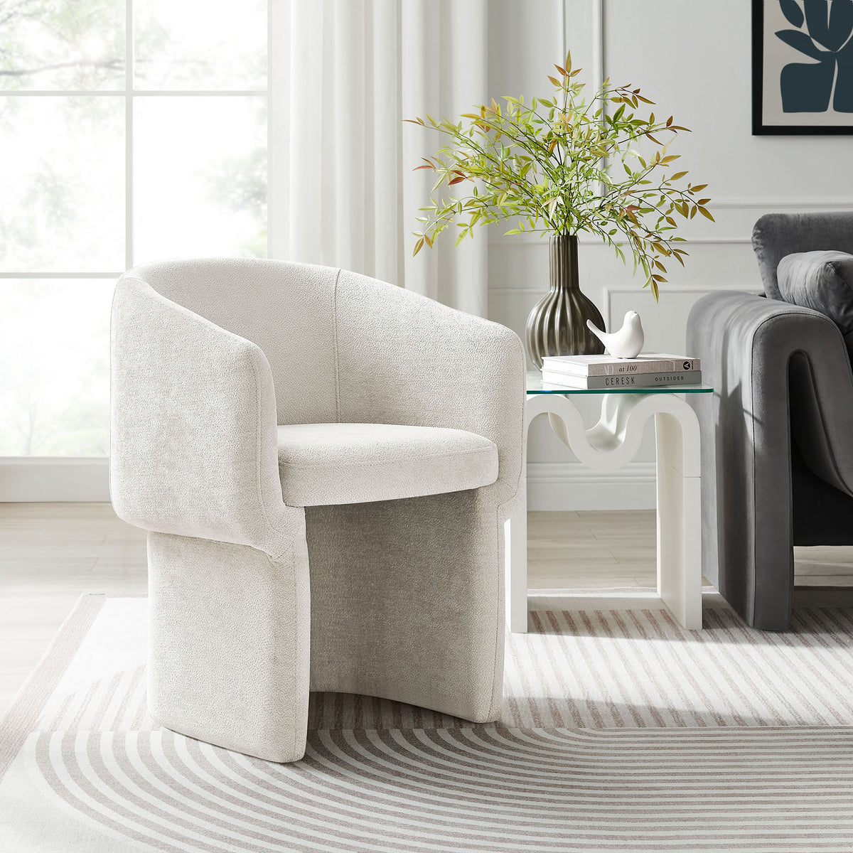 Verity Barrel Back Chenille Dining Armchair, Ivory