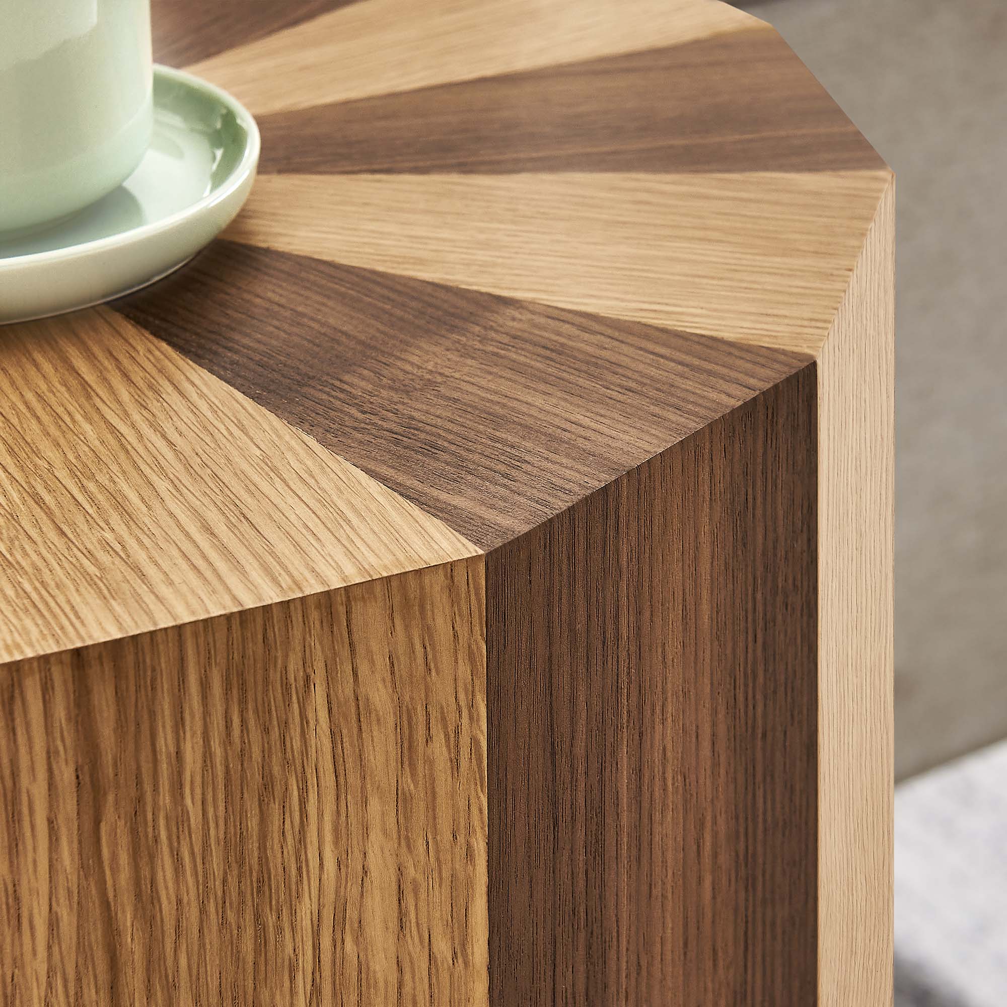 Twirl Two-Toned Wood Veneer Side Table, Oak Walnut