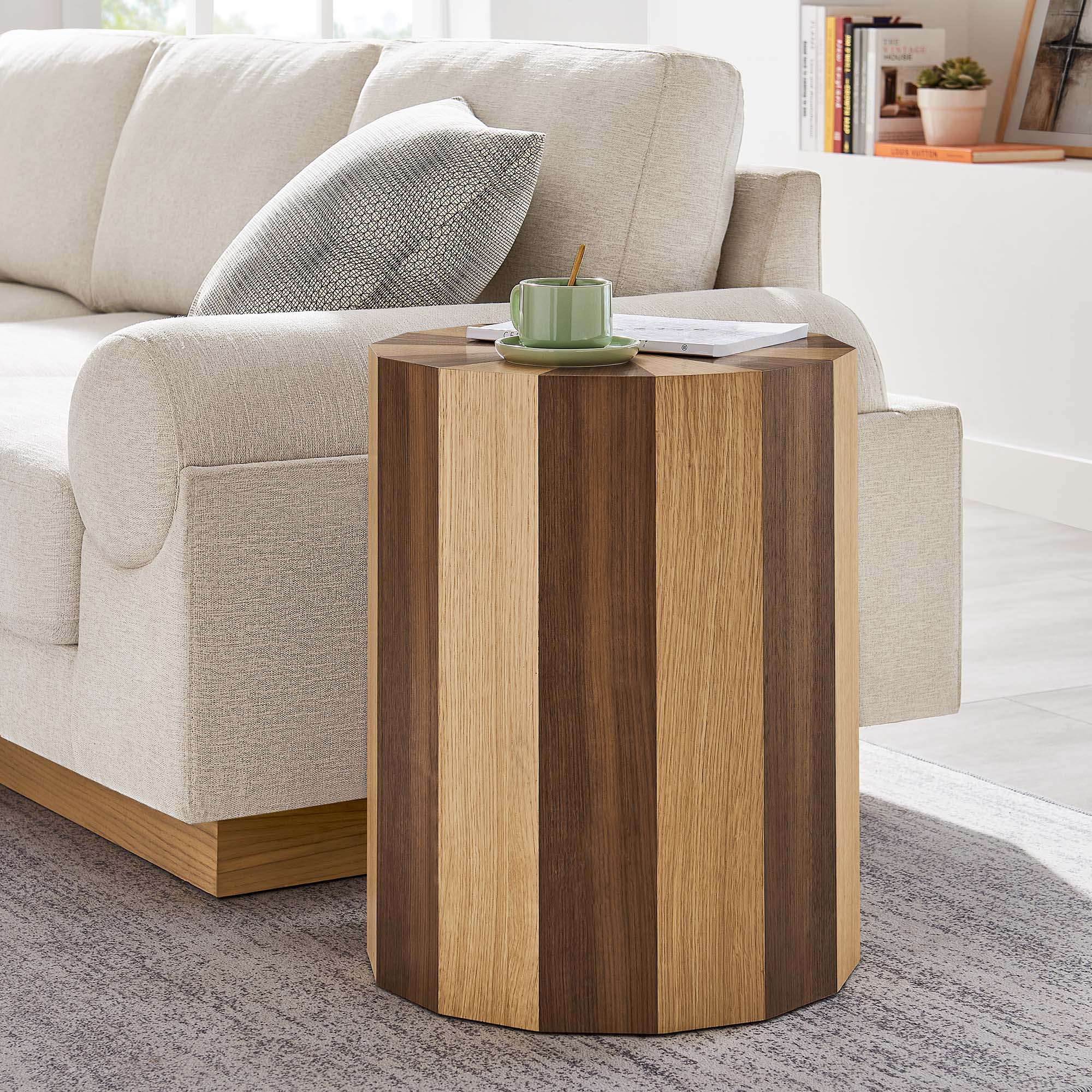 Twirl Two-Toned Wood Veneer Side Table, Oak Walnut