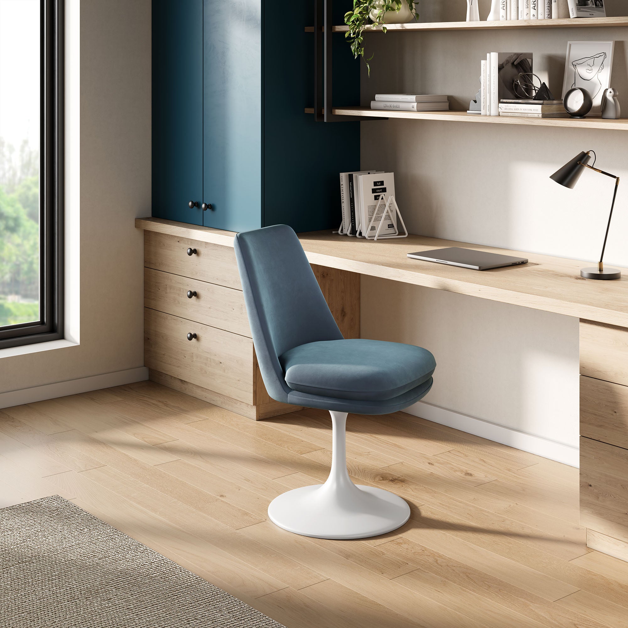 Lippa Swivel Dining Performance Velvet Side Chair, White Cadet Blue