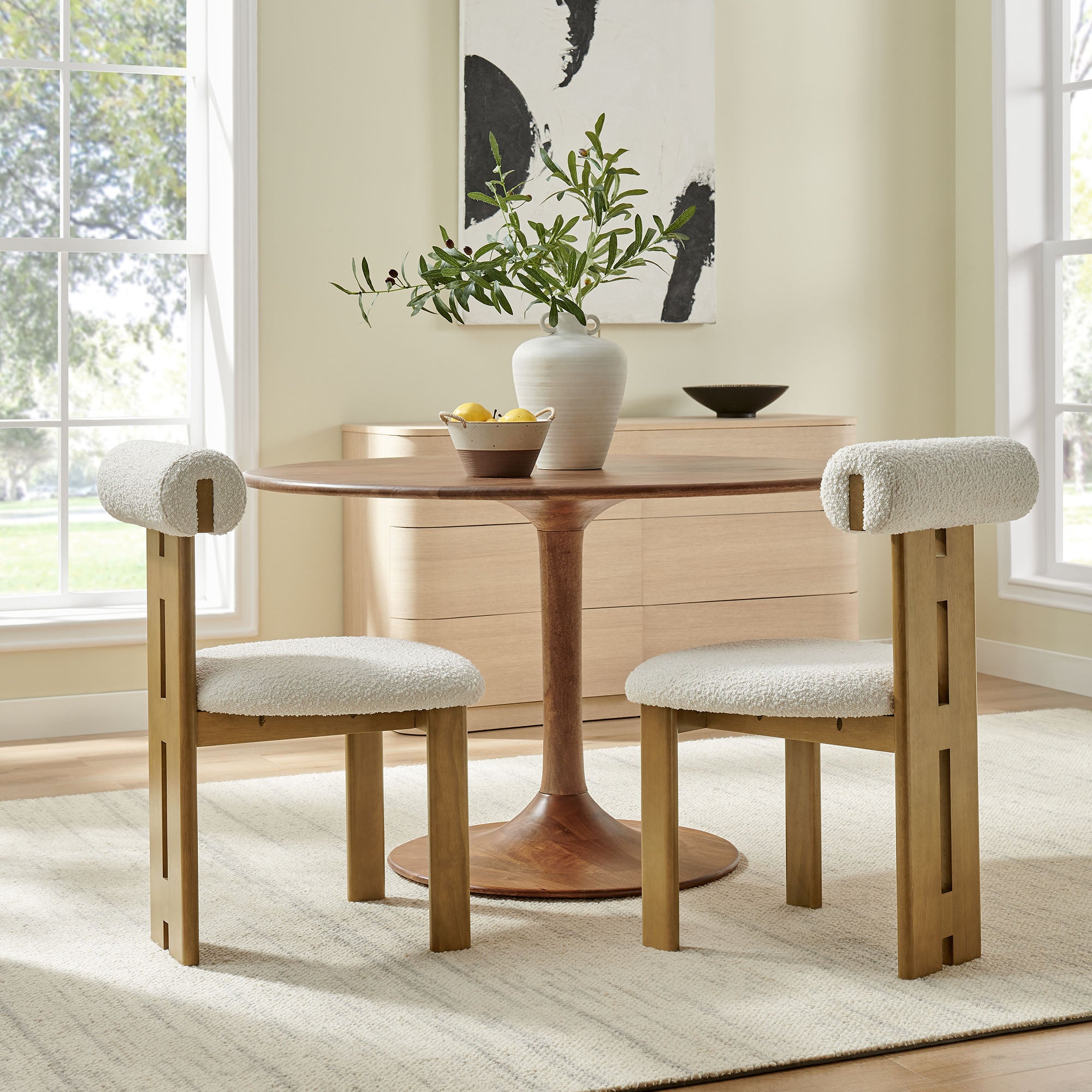 Torian Boucle Fabric Dining Chair Set of 2, French Oak Ivory