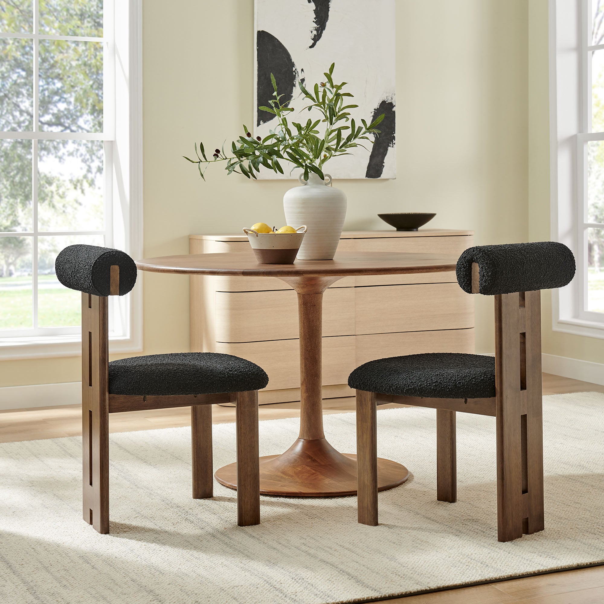Torian Boucle Fabric Dining Chair Set of 2, Walnut Black