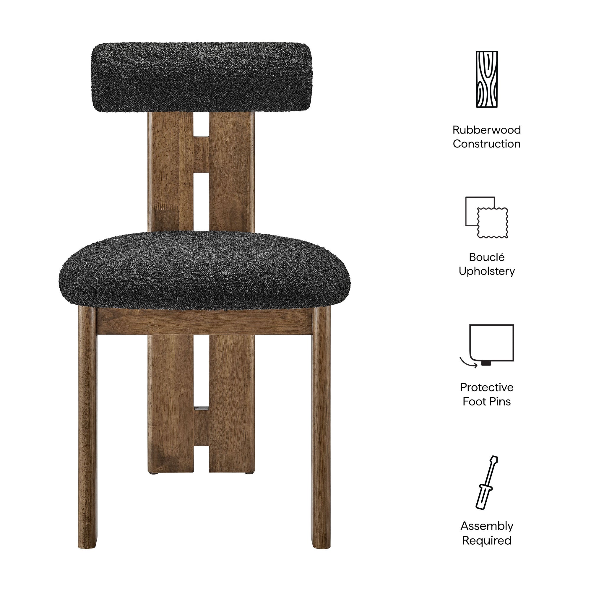Torian Boucle Fabric Dining Chair Set of 2, Walnut Black
