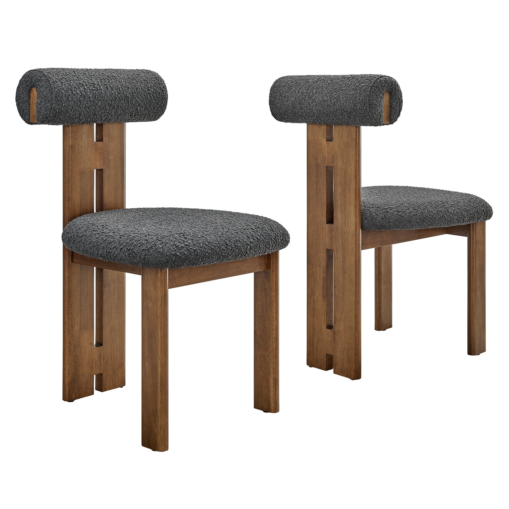 Torian Boucle Fabric Dining Chair Set of 2, Walnut Charcoal