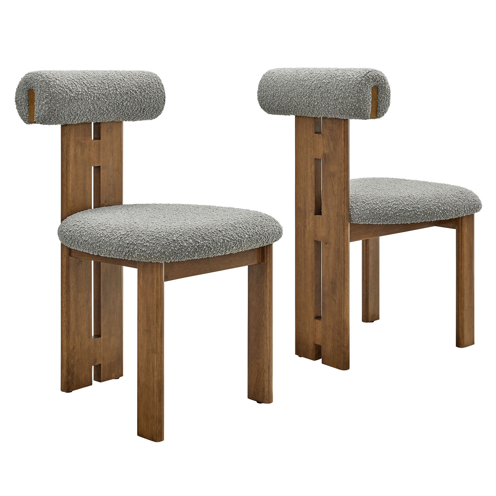 Torian Boucle Fabric Dining Chair Set of 2, Walnut Light Gray