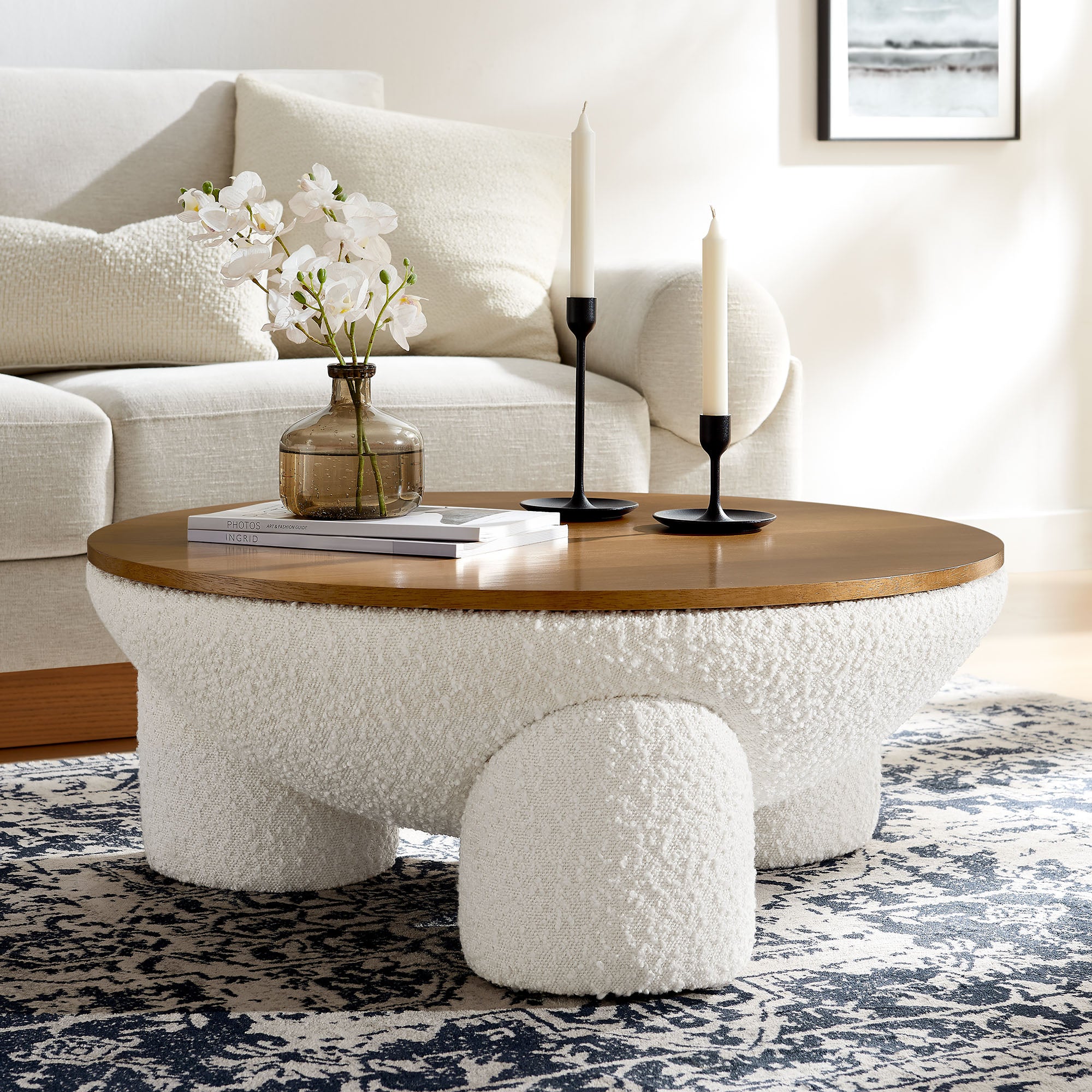 Tridome Round Boucle Upholstered Storage Coffee Table, Natural Ivory