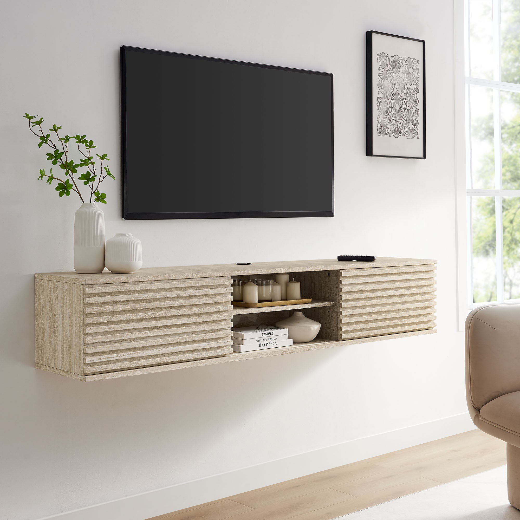 Render 70" Faux Travertine Wall-Mount Media Console TV Stand, Travertine