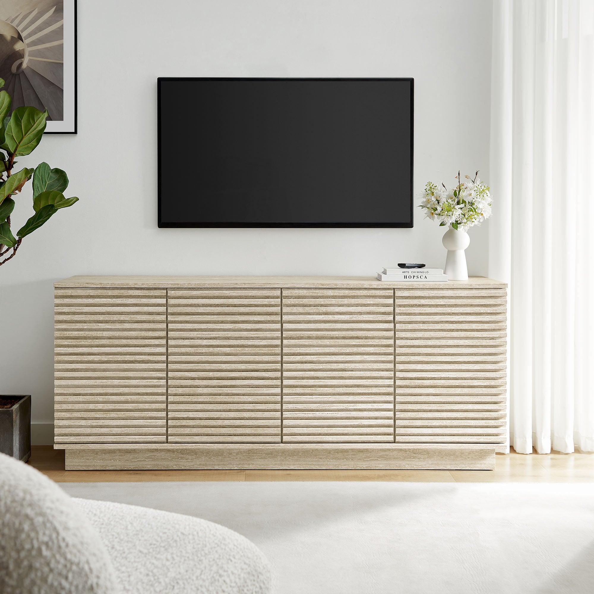 Render 70" Faux Travertine Sideboard Cabinet TV Stand, Travertine