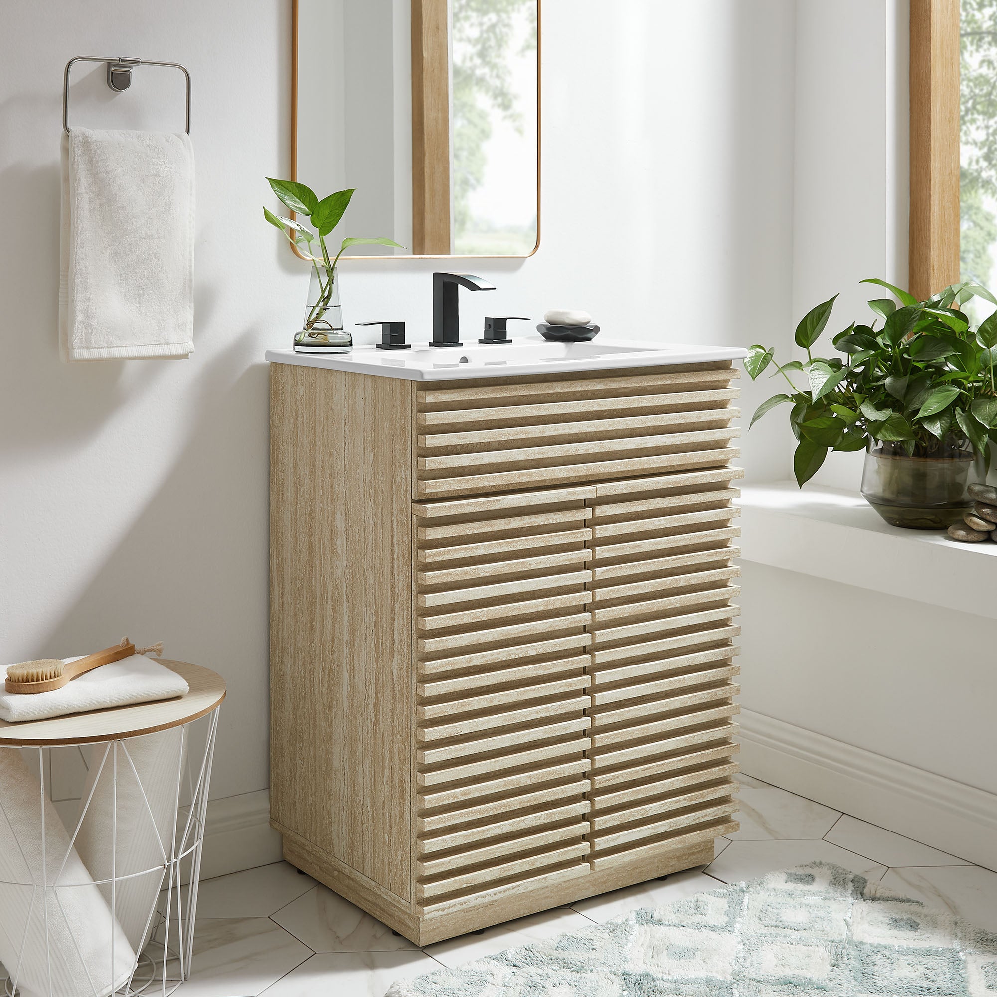 Render 24" Faux Travertine Bathroom Vanity Cabinet (Sink Not Included), Travertine