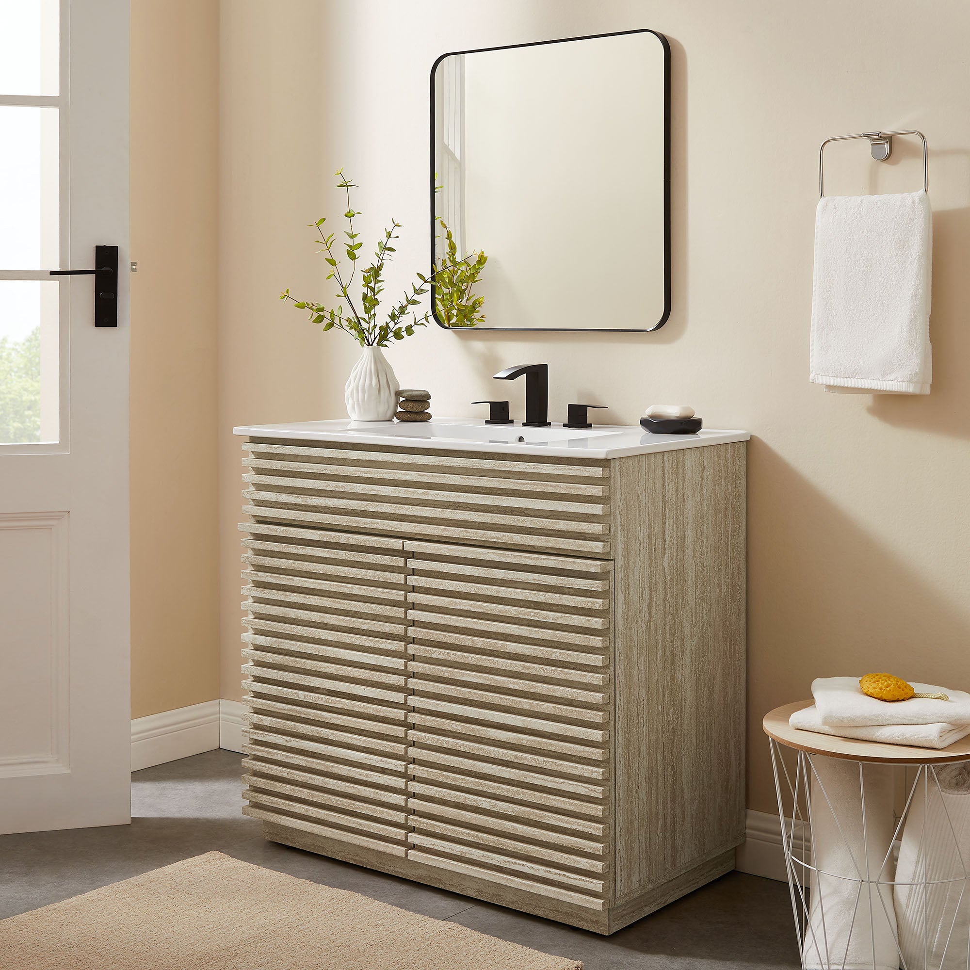 Render 36" Faux Travertine Bathroom Vanity Cabinet (Sink Not Included), Travertine