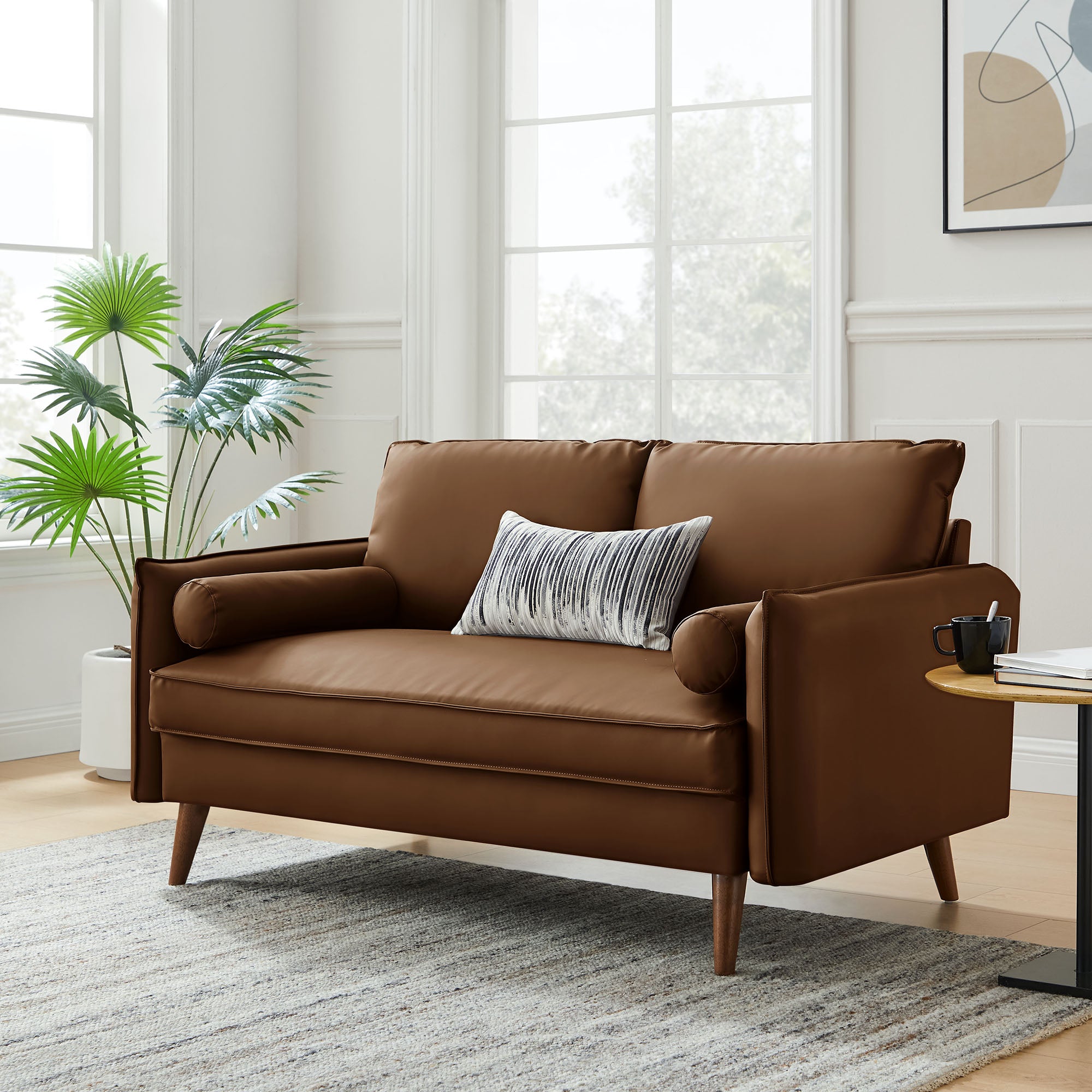 Revive Upholstered Vegan Leather Loveseat, Brown
