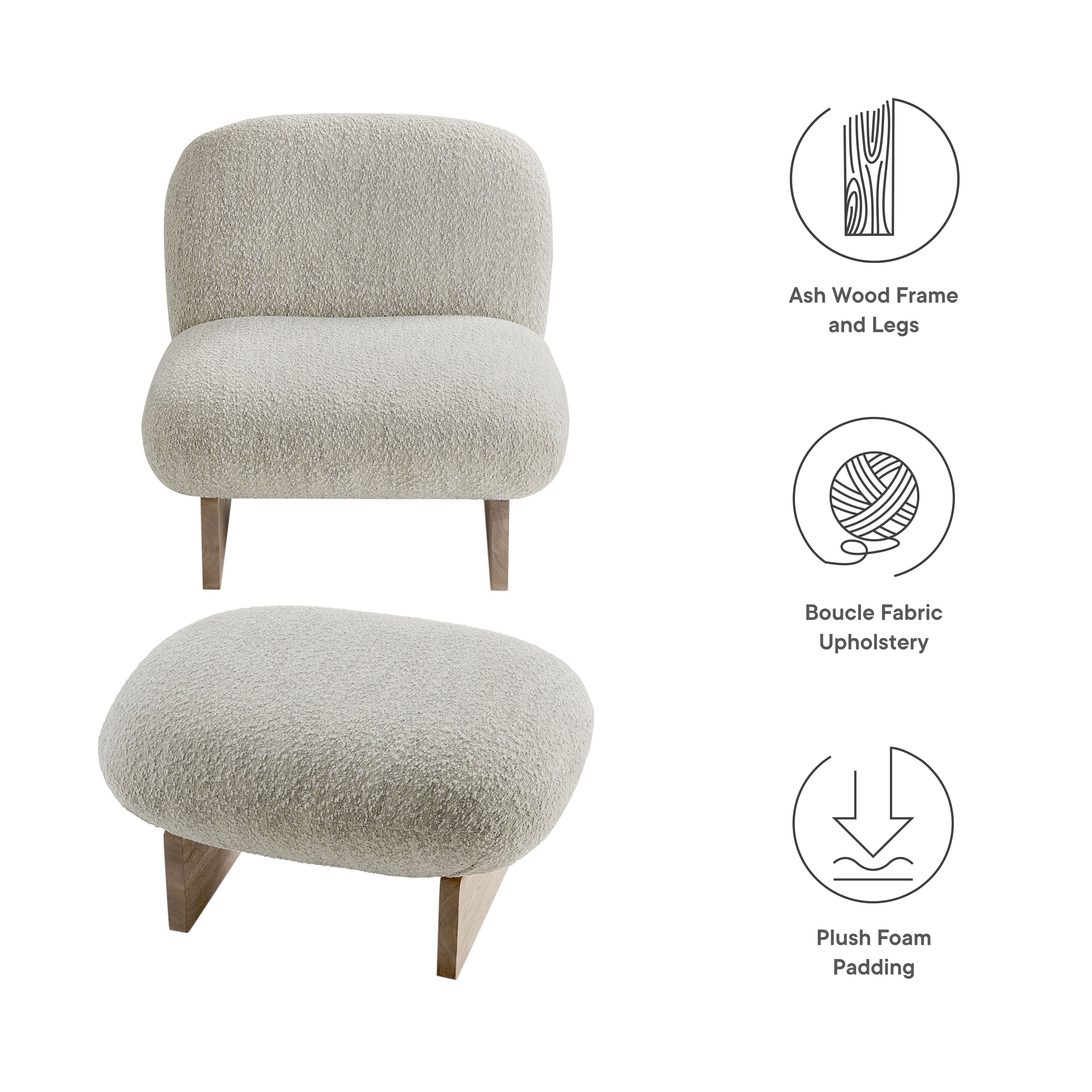 Loyal Boucle Fabric Accent Chair and Ottoman Set, Pearl Oak