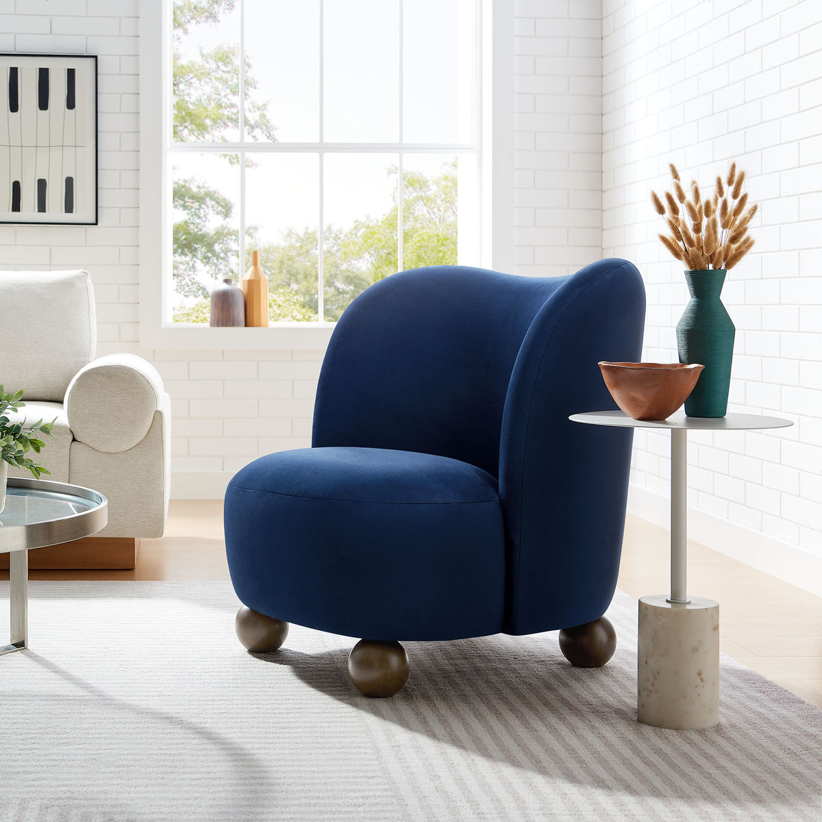 Monroe Performance Velvet Accent Chair, Midnight Blue Walnut