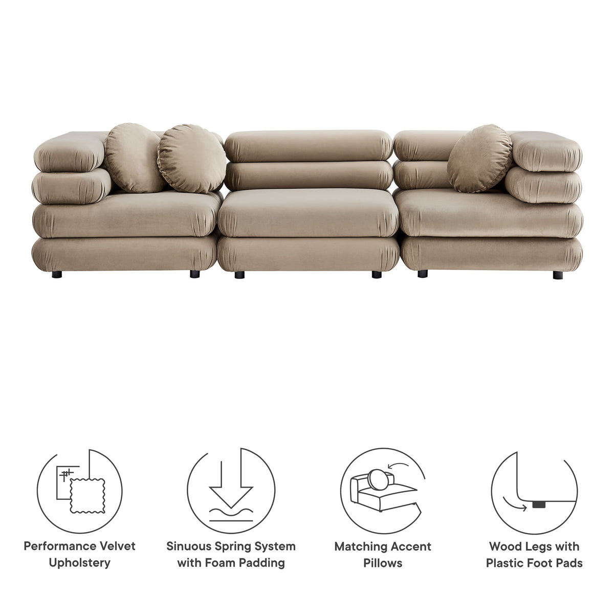 Jubilee 3-Piece Modular Performance Velvet Sectional Sofa, Taupe