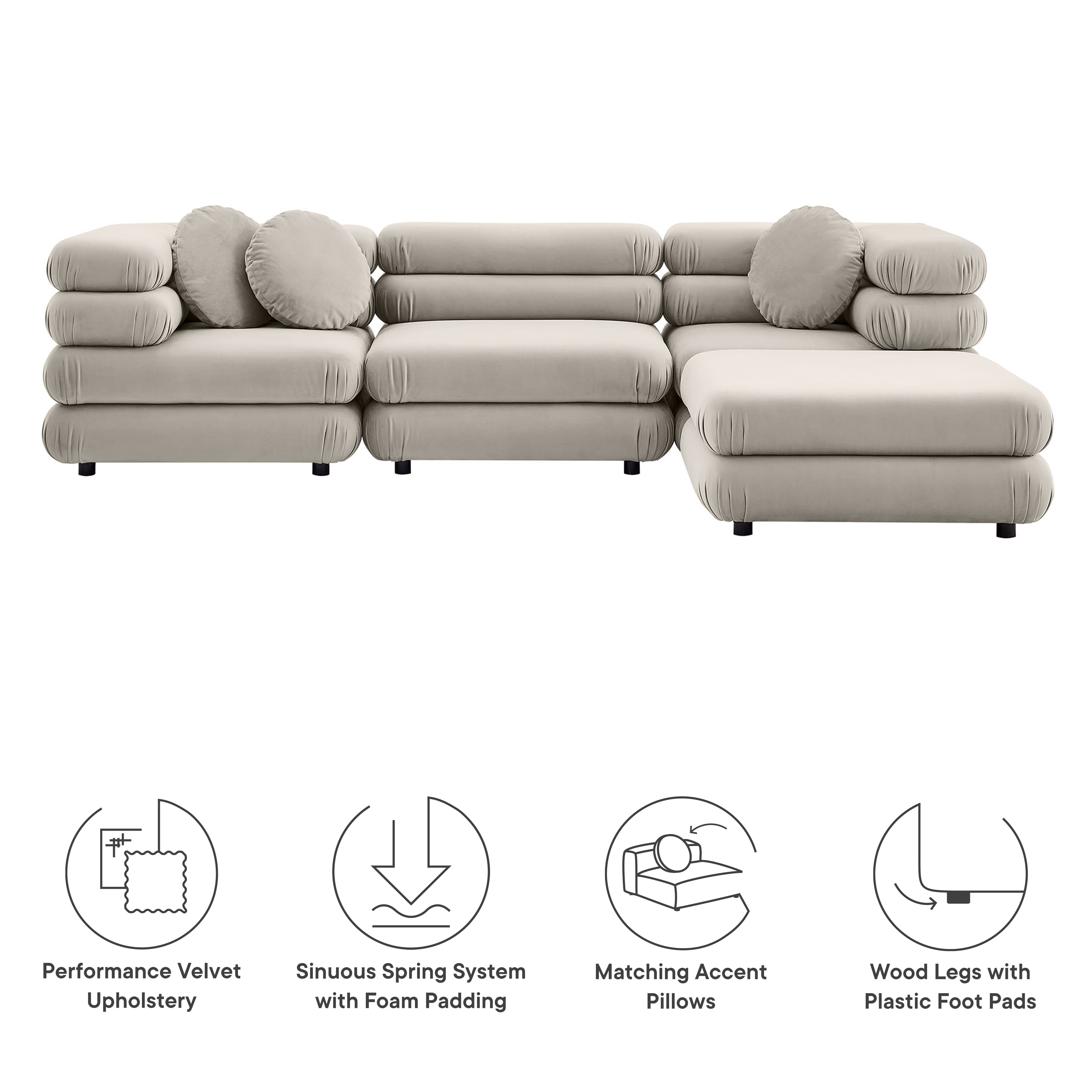 Jubilee 4-Piece Modular Performance Velvet Sectional Sofa, Almond