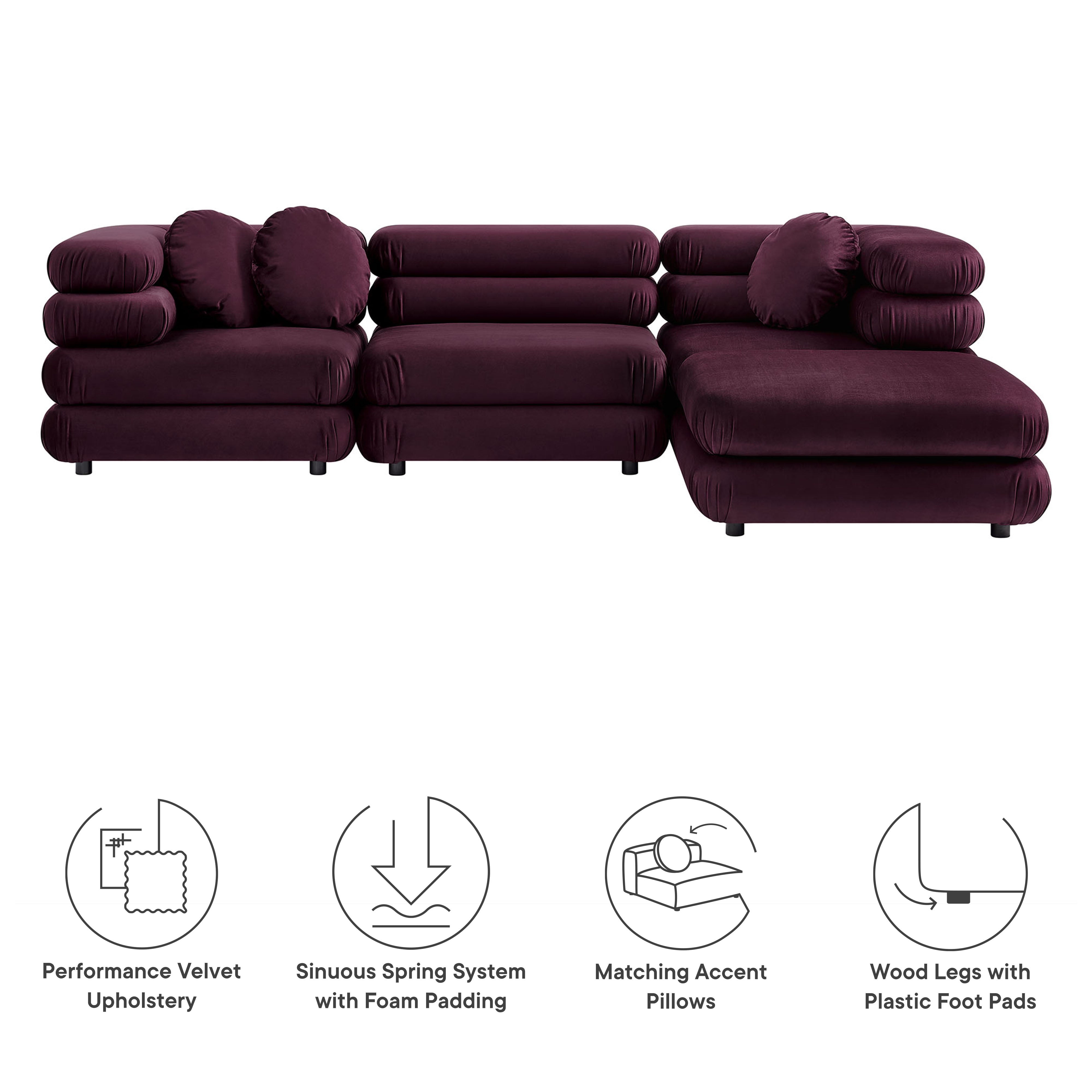 Jubilee 4-Piece Modular Performance Velvet Sectional Sofa, Mulberry