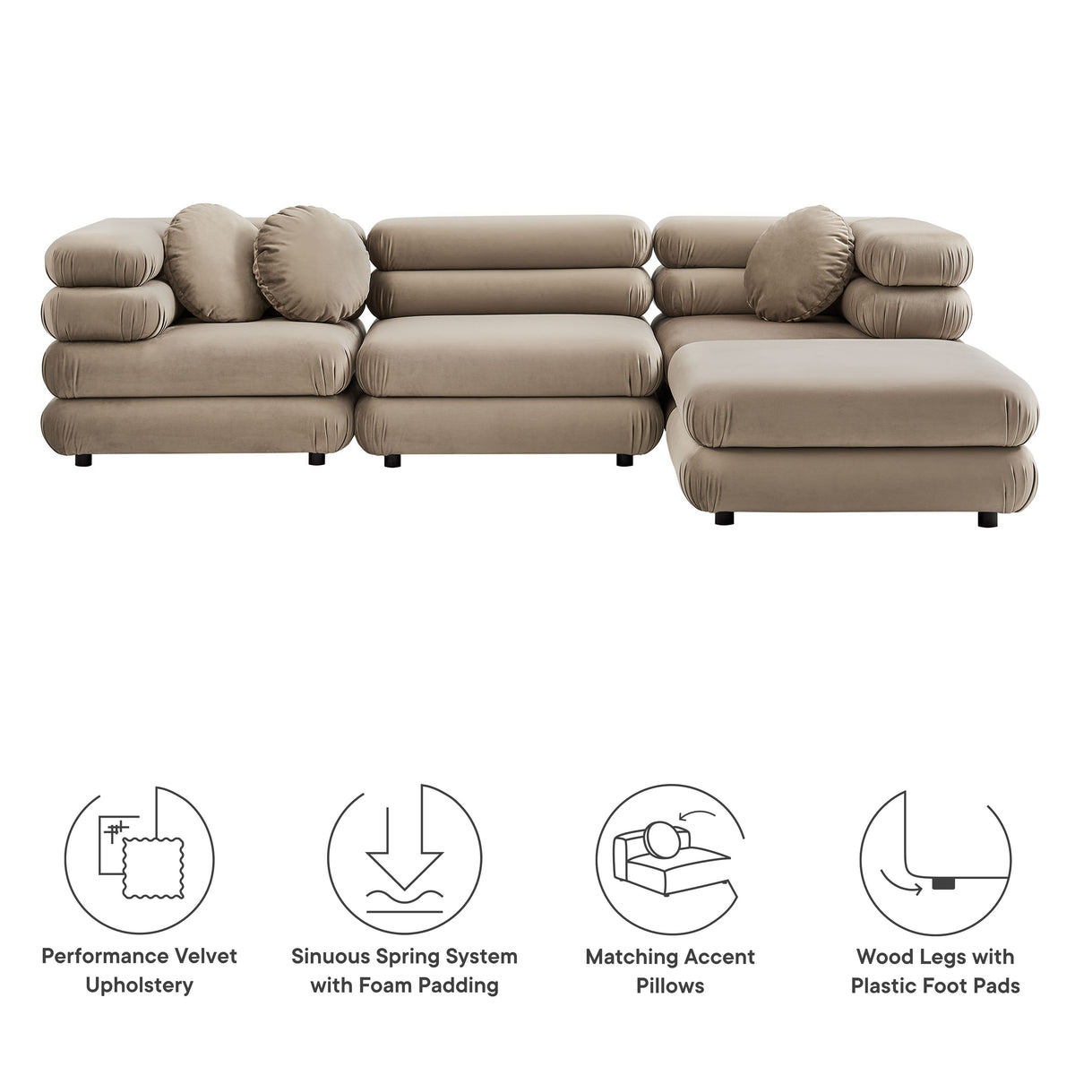 Jubilee 4-Piece Modular Performance Velvet Sectional Sofa, Taupe
