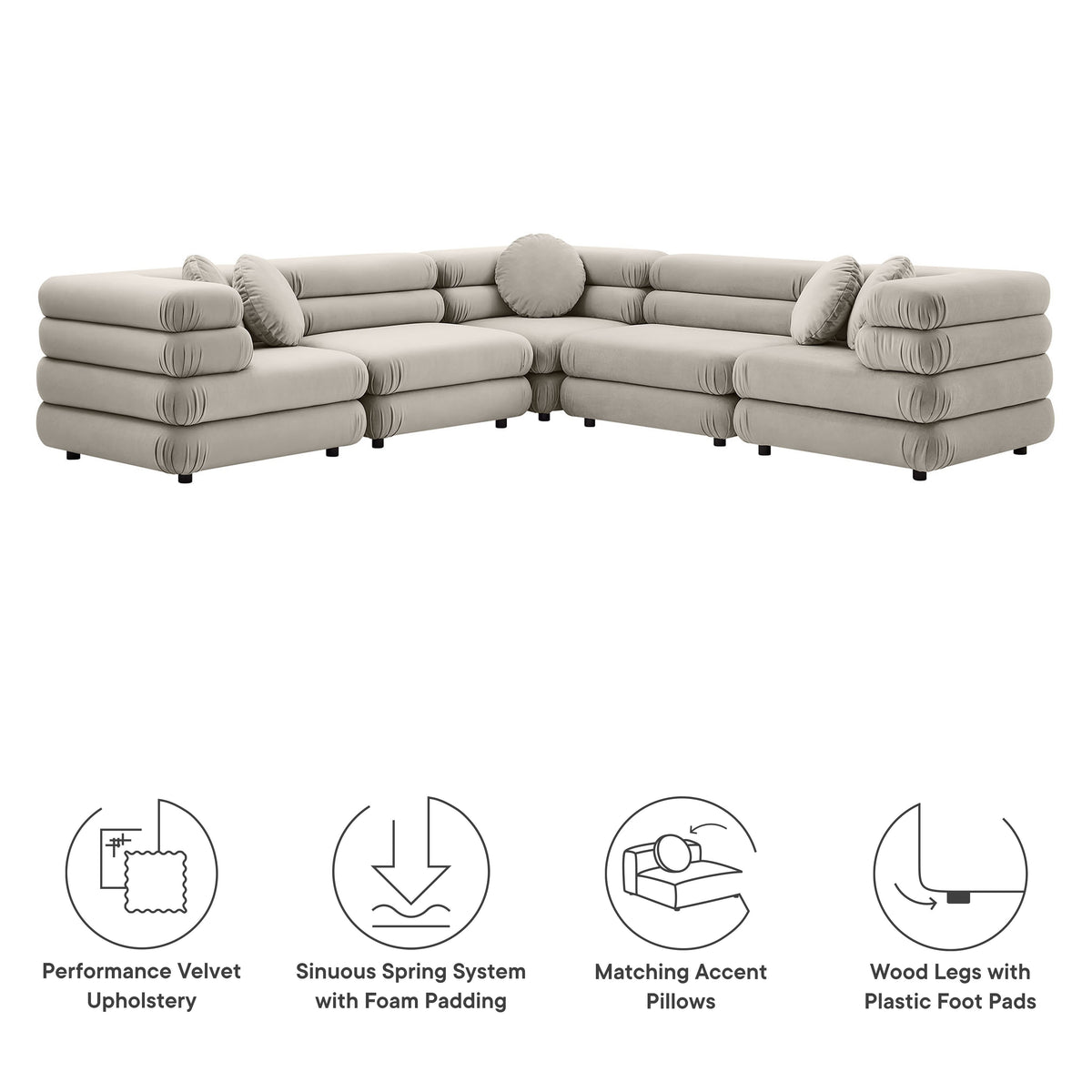 Jubilee 5-Piece Modular Performance Velvet Sectional Sofa, Almond