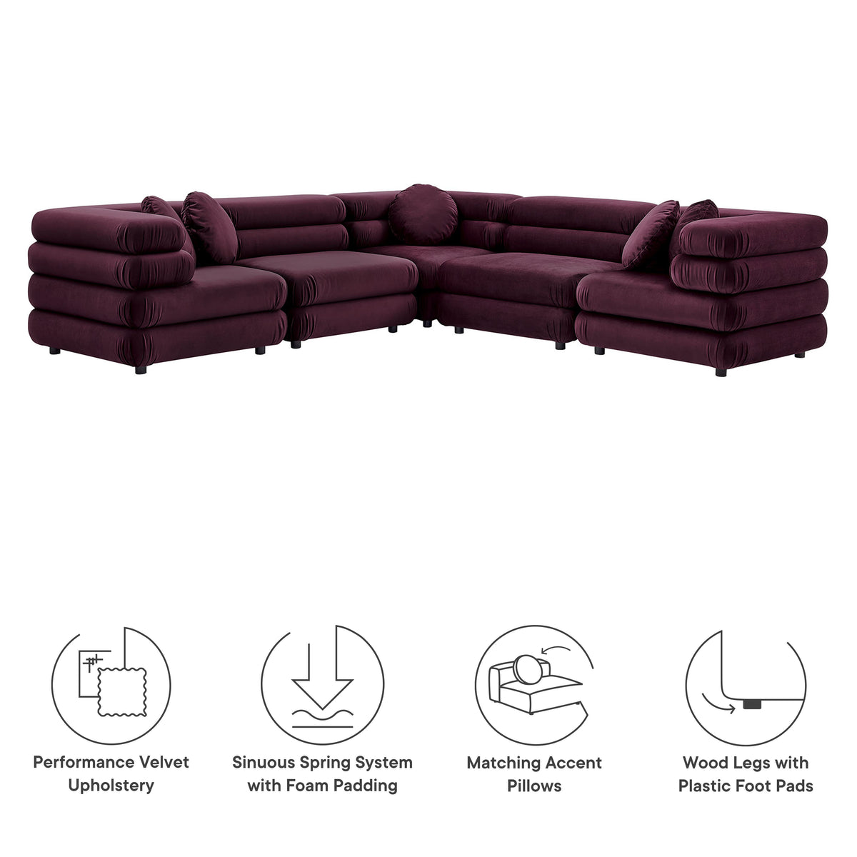 Jubilee 5-Piece Modular Performance Velvet Sectional Sofa, Mulberry