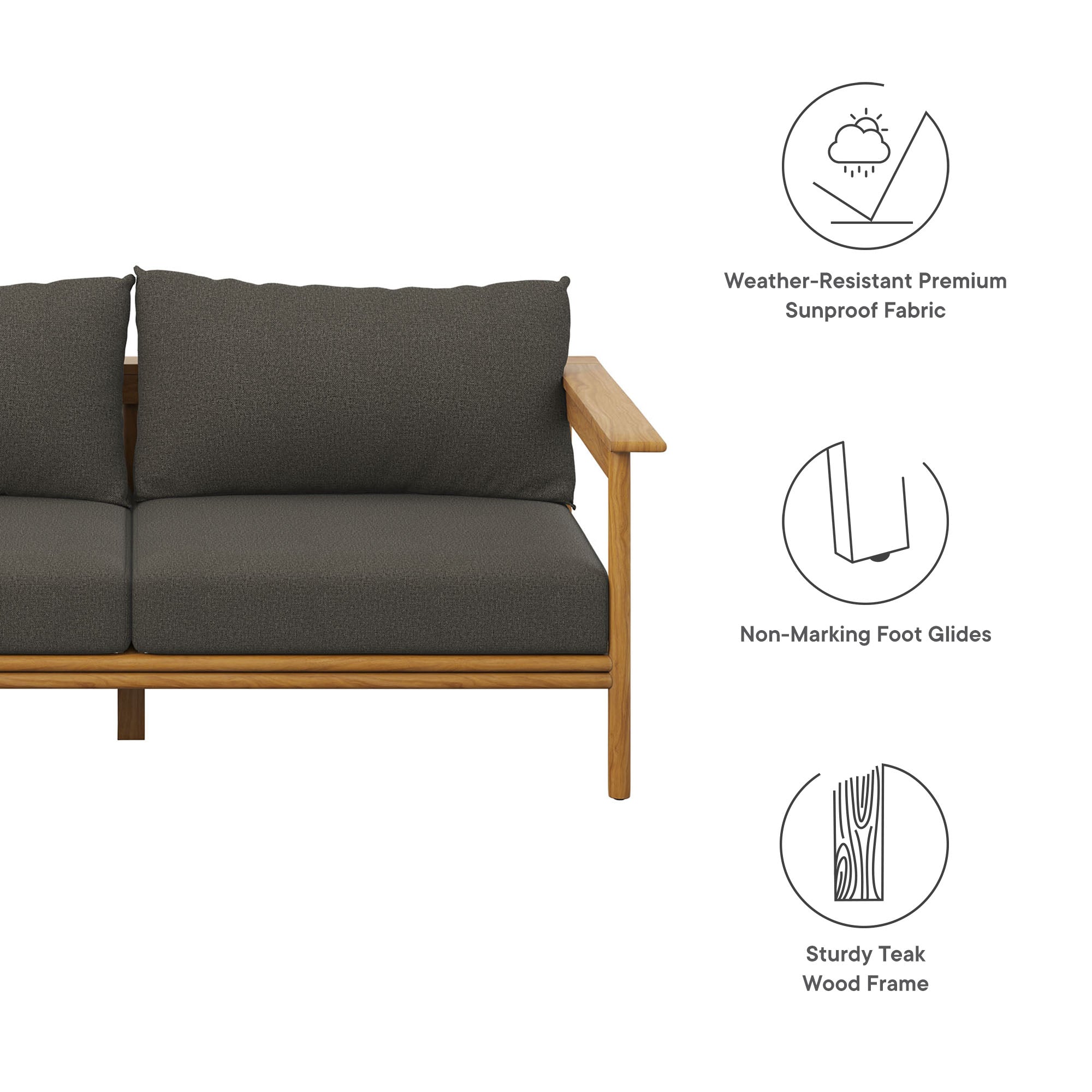 Wren Outdoor Patio Teak Wood Sofa, Natural Flint Gray