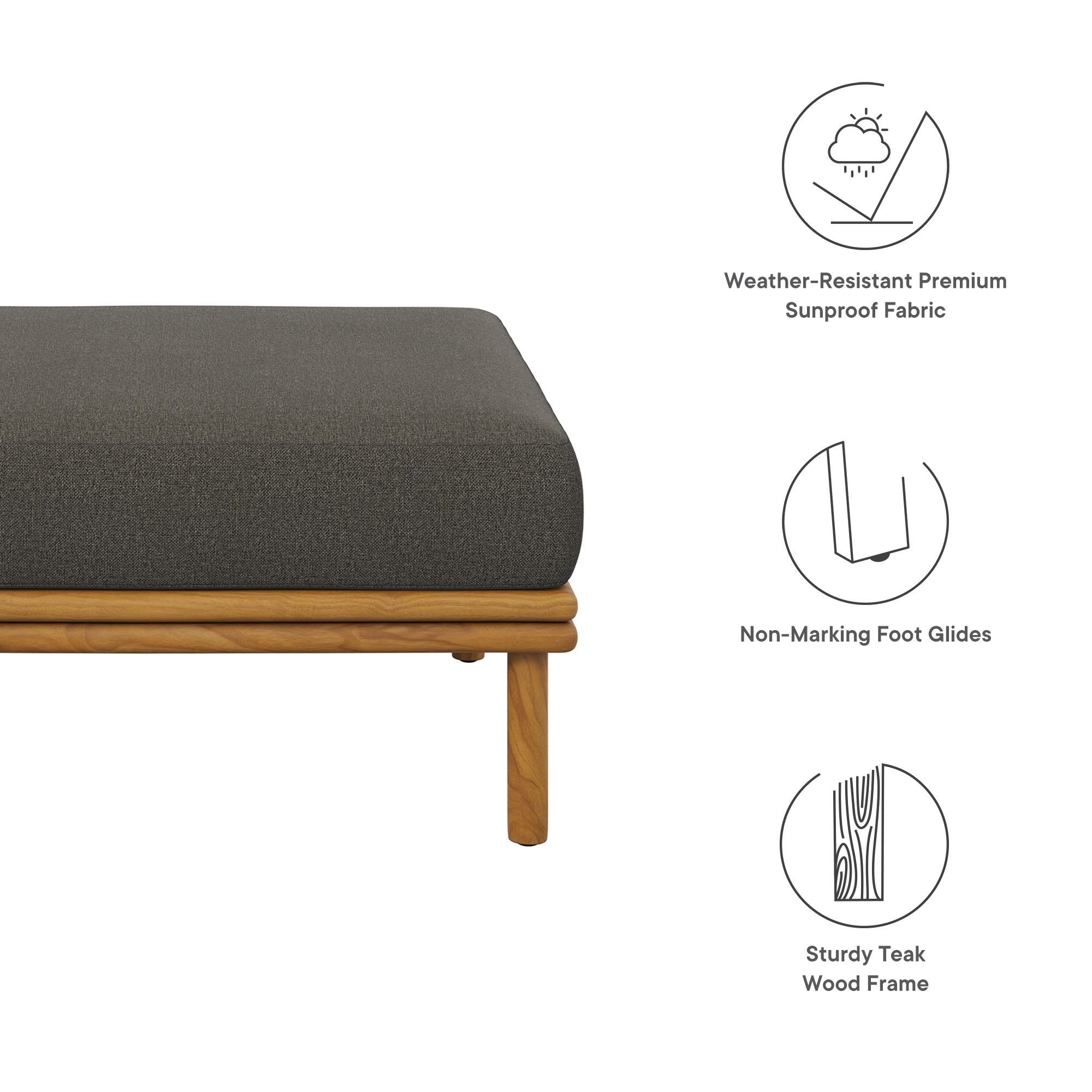 Wren Outdoor Patio Teak Wood Ottoman, Natural Flint Gray