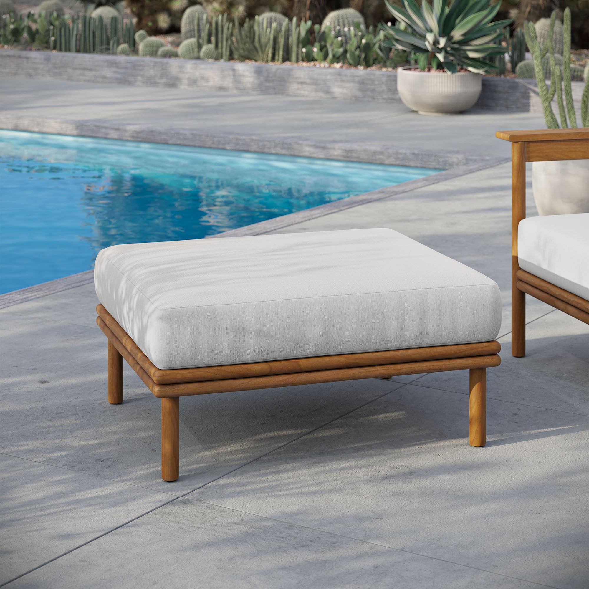Wren Outdoor Patio Teak Wood Ottoman, Natural Sail