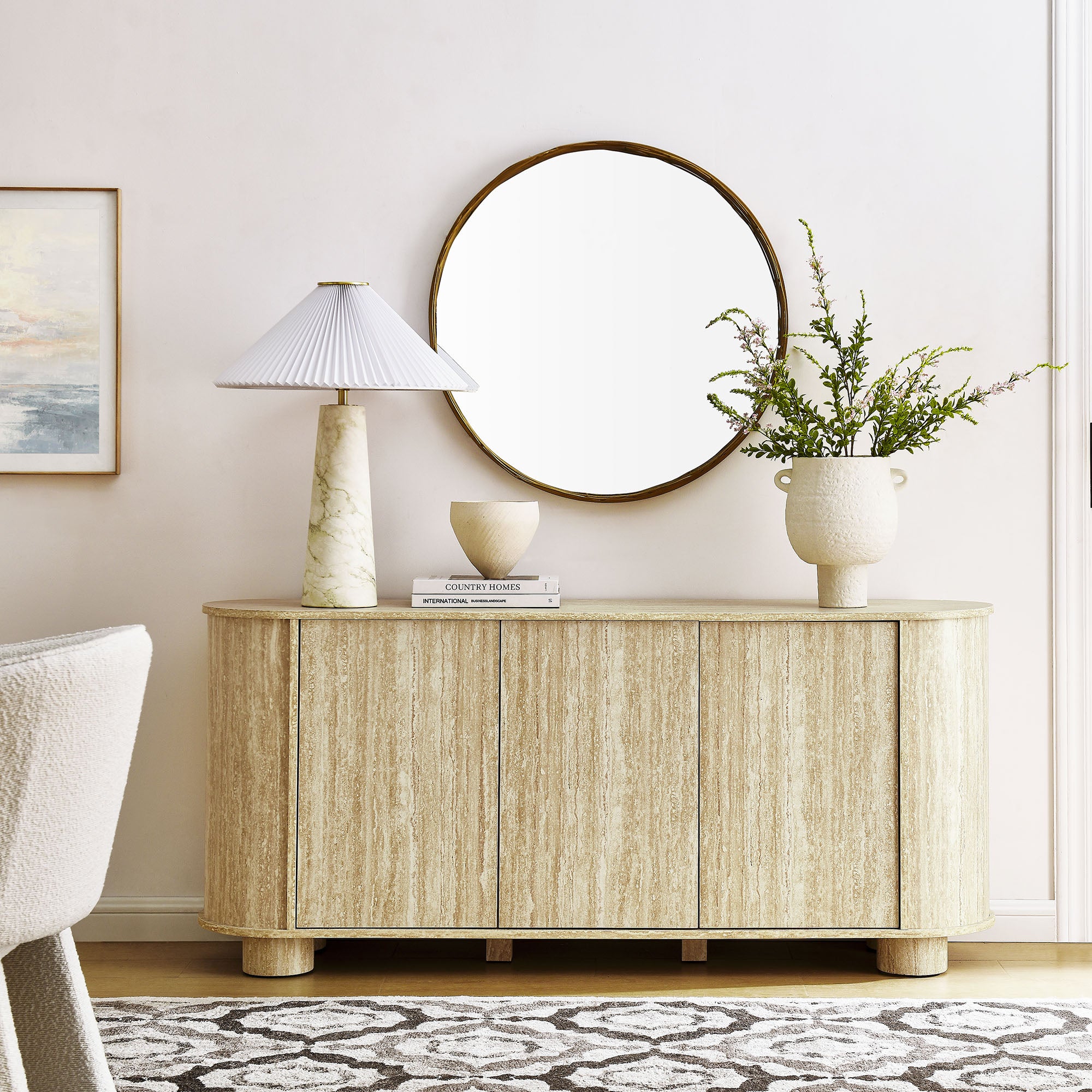 Overture 63" Oval Faux Travertine Sideboard, Travertine
