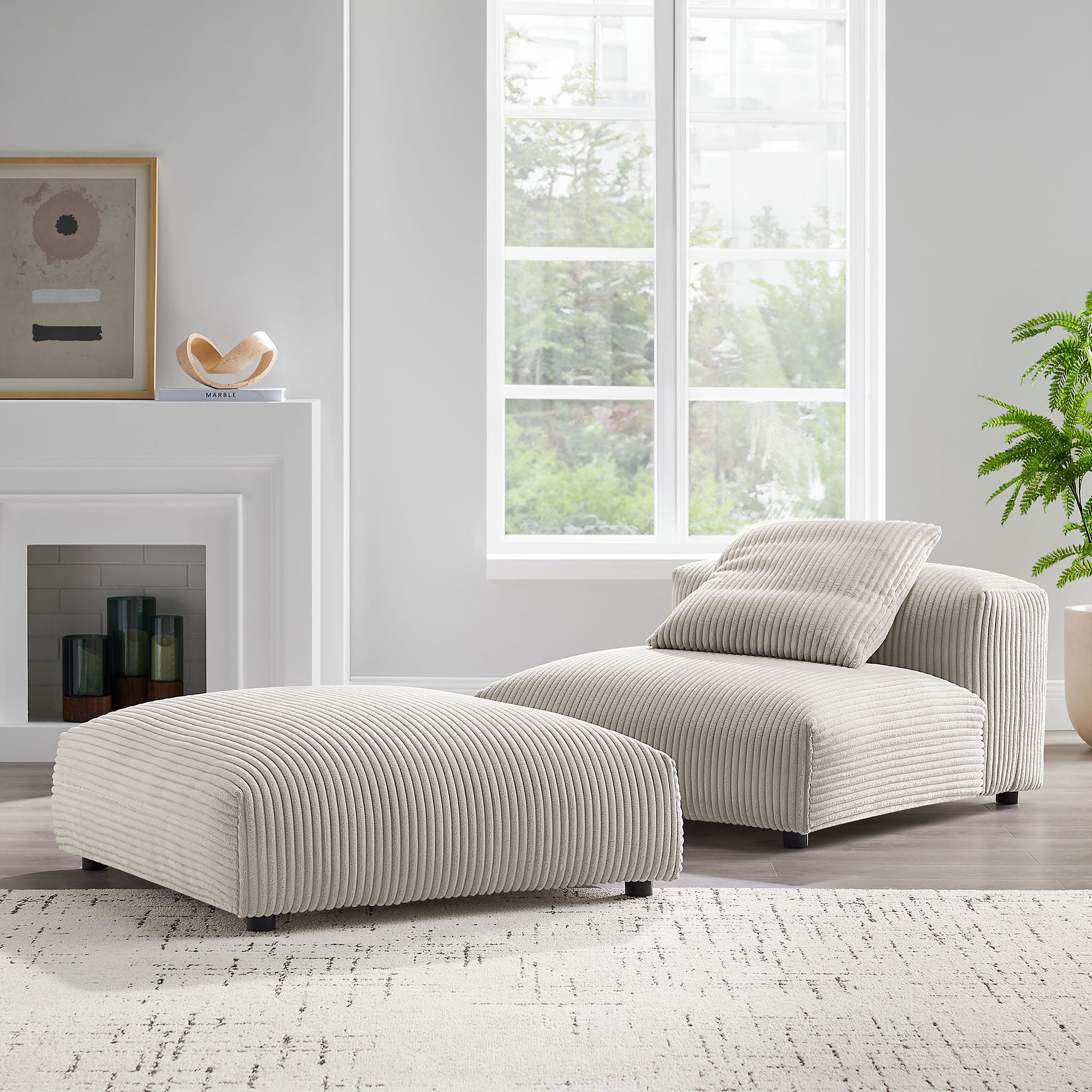Solace Modular Corduroy Upholstered Armless Chair and Ottoman Set, Almond